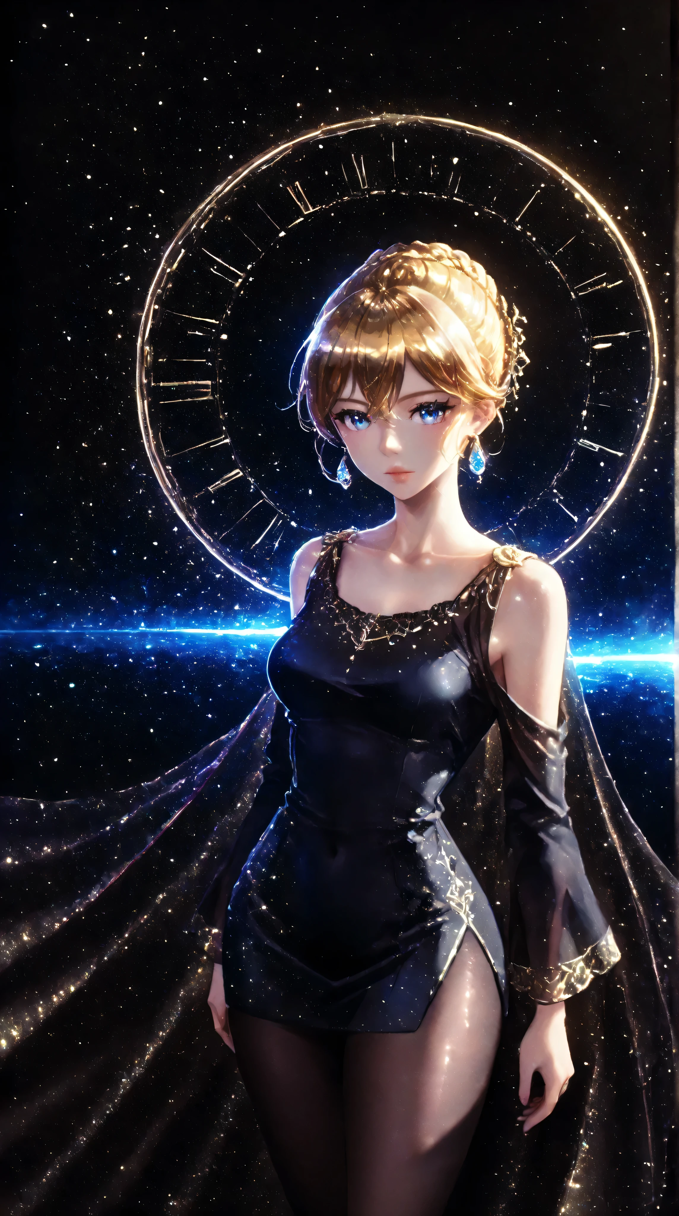 Renaissance Minimalism, beautiful girl, detailed eyes, vibrant color palette, meticulous, cosmic, glowing light, soft light and shadow, vivid emotion, timeless elegance, meticulous attention to detail, delicate and delicate texture, harmonious composition, understated beauty, classic art, serene environment, a unique perspective, shiny skin, (purples), (golds),