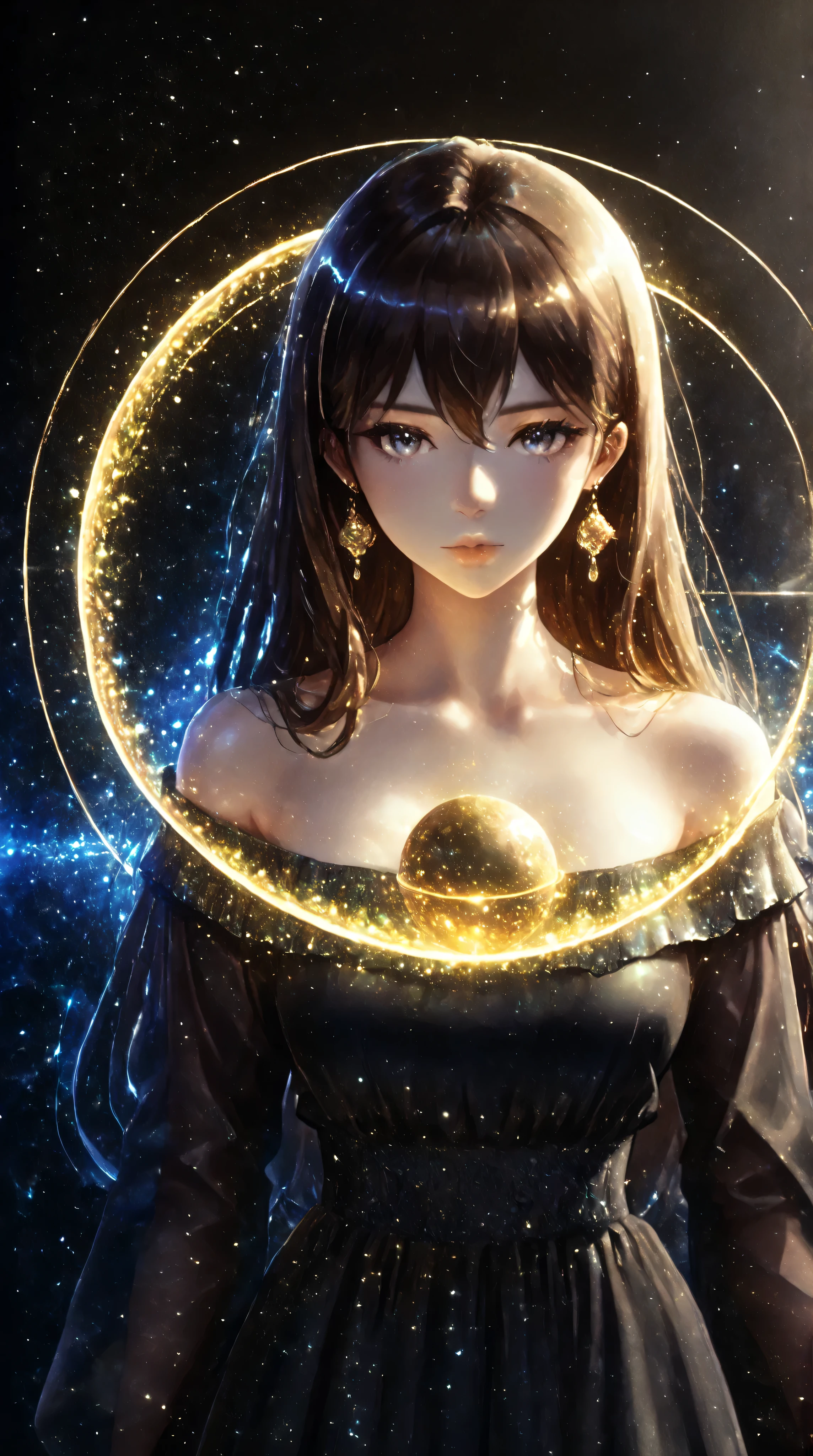 Renaissance Minimalism, beautiful girl, detailed eyes, vibrant color palette, meticulous, cosmic, glowing light, soft light and shadow, vivid emotion, timeless elegance, meticulous attention to detail, delicate and delicate texture, harmonious composition, understated beauty, classic art, serene environment, a unique perspective, shiny skin, (purples), (golds), 