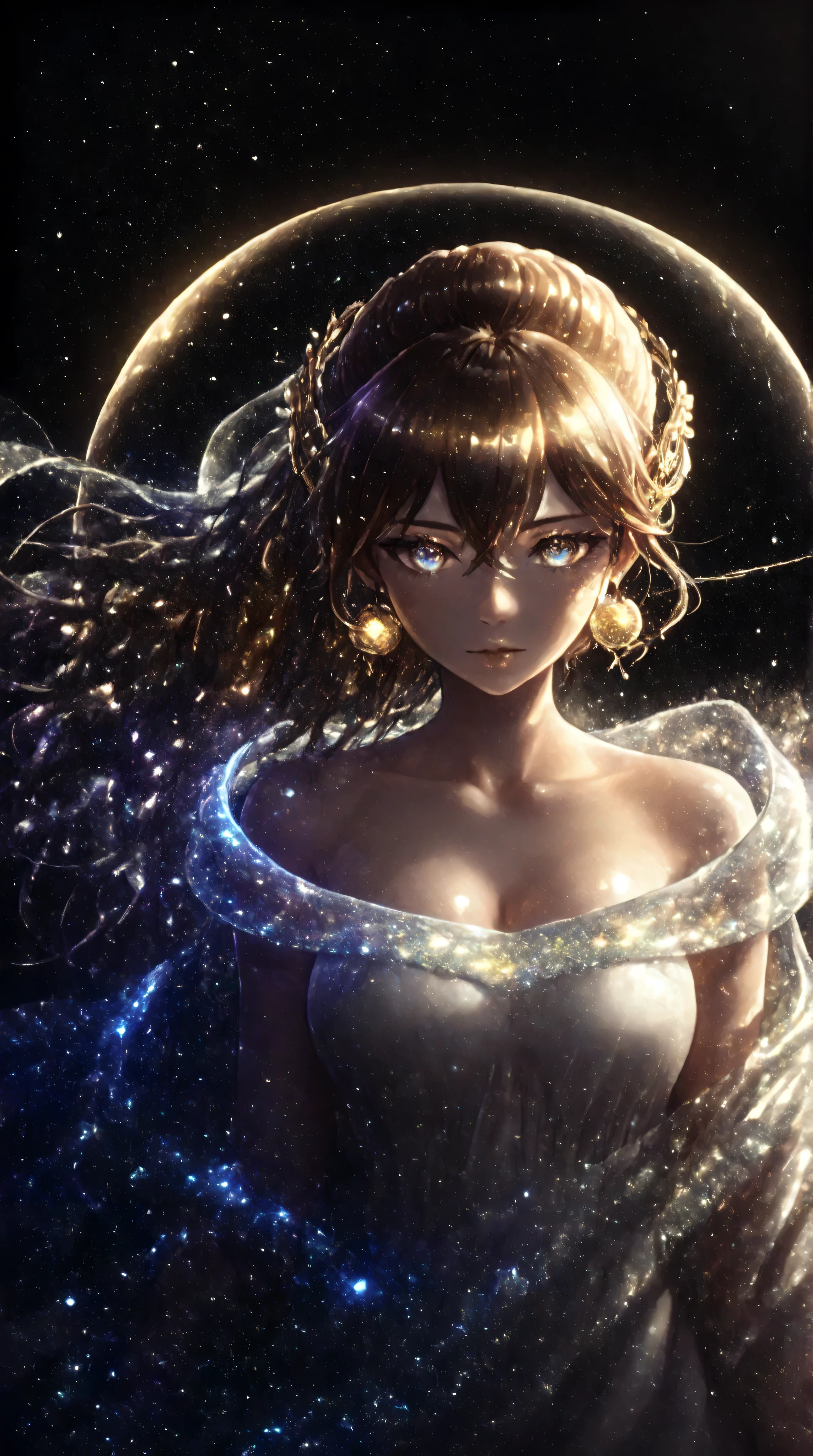 Renaissance Minimalism, beautiful girl, detailed eyes, vibrant color palette, meticulous, cosmic, glowing light, soft light and shadow, vivid emotion, timeless elegance, meticulous attention to detail, delicate and delicate texture, harmonious composition, understated beauty, classic art, serene environment, a unique perspective, shiny skin, (purples), (golds),