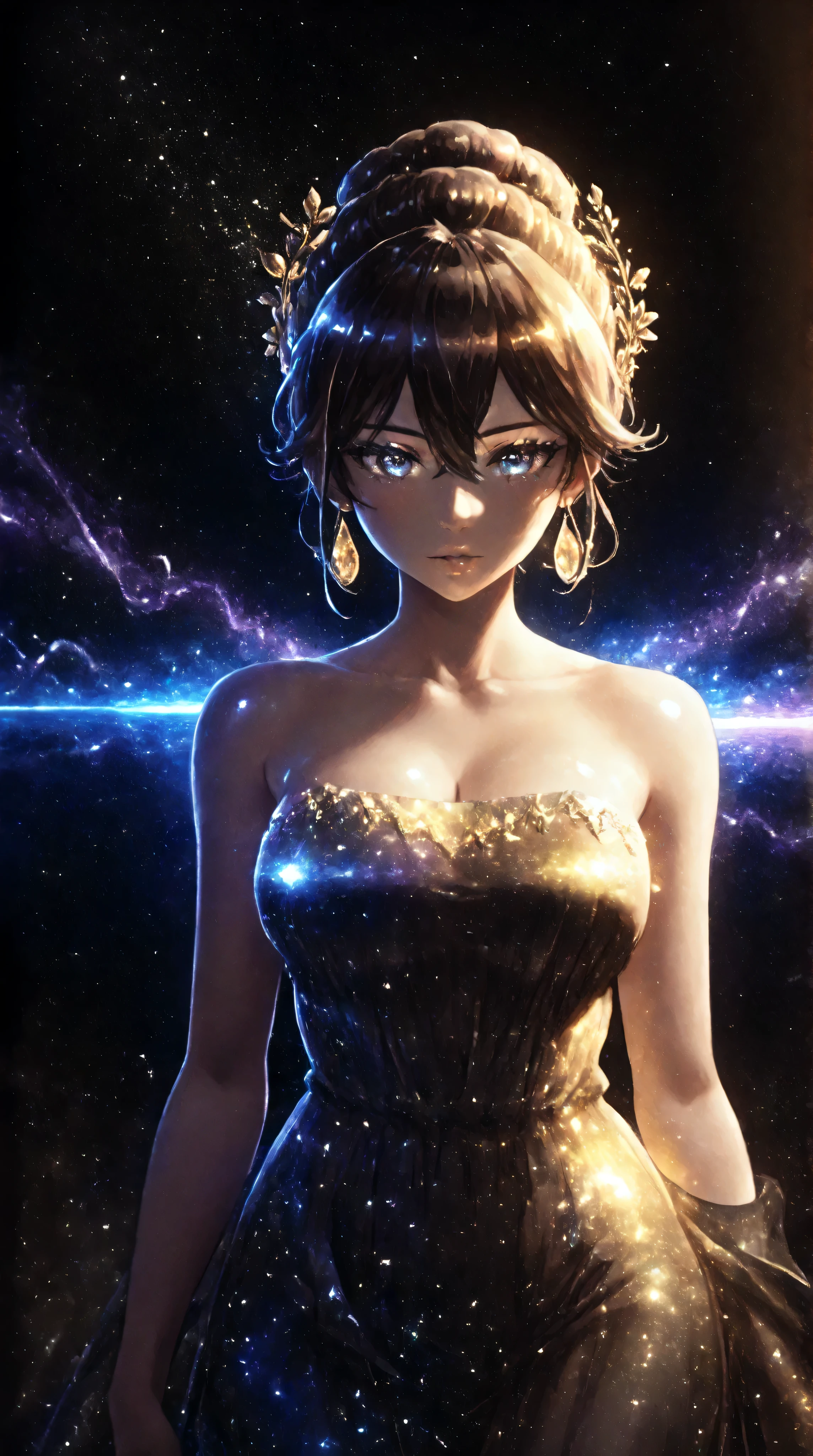 Renaissance Minimalism, beautiful girl, detailed eyes, vibrant color palette, meticulous, cosmic, glowing light, soft light and shadow, vivid emotion, timeless elegance, meticulous attention to detail, delicate and delicate texture, harmonious composition, understated beauty, classic art, serene environment, a unique perspective, shiny skin, (purples), (golds),