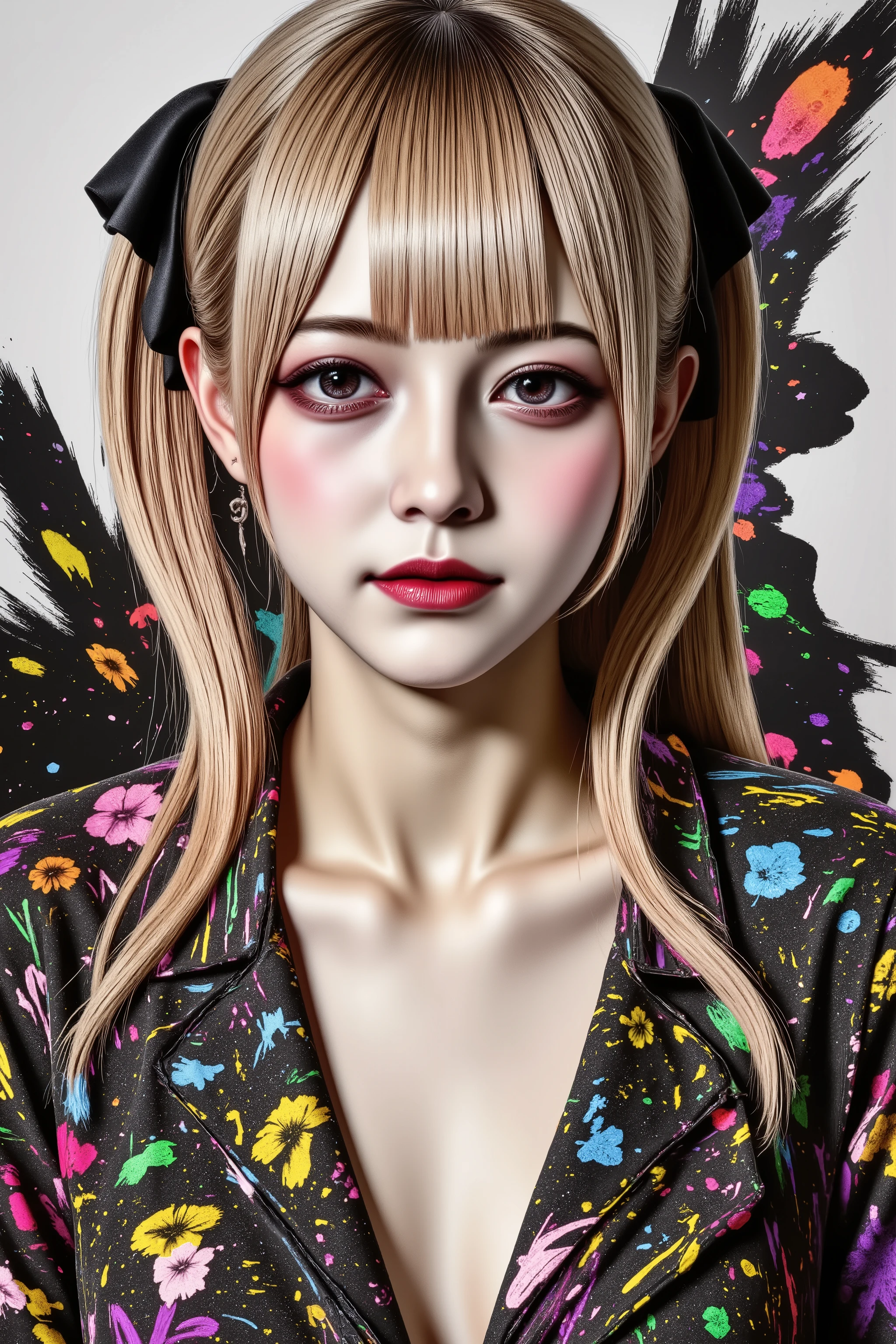 A surreal illustration in the Gradient Mesh style, featuring smooth blended color transitions and ethereal lighting. The character appears as if sculpted from flowing gradients, with metallic paint accents adding reflective highlights. The airbrushed surfaces enhance the fluidity, while glazing techniques create a sense of depth and transparency. Despite the seamless aesthetic, disruptive elements intrude—a grunge texture introduces rough imperfections, and chaotic paint splashes distort the harmony. Dust & scratches overlay the polished look with aged imperfections, while retro TV noise adds a VHS grain effect. Glitch distortions subtly fracture the otherwise smooth curves, creating a paradoxical fusion of futuristic elegance and digital decay.