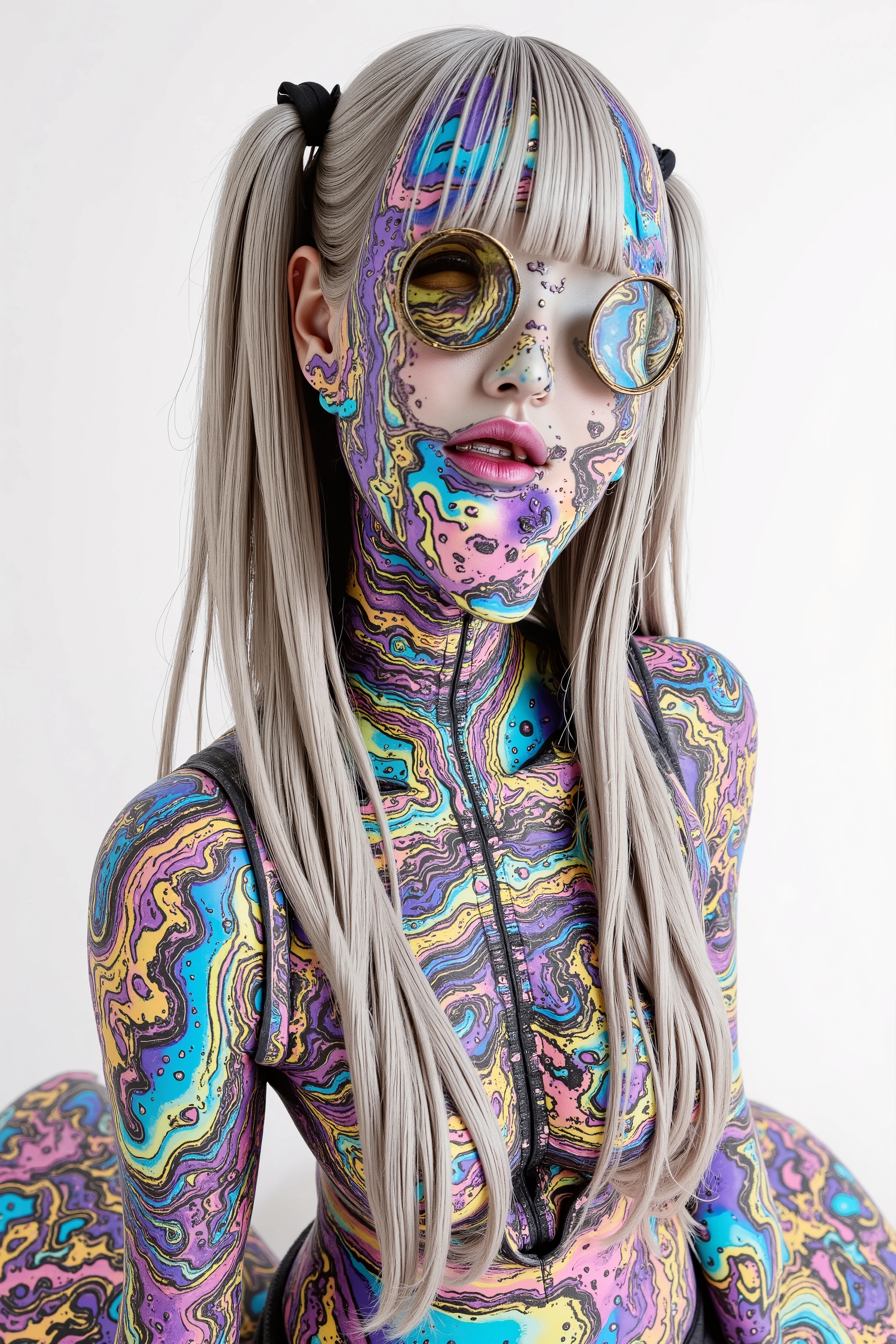 A surreal illustration in the Gradient Mesh style, featuring smooth blended color transitions and ethereal lighting. The character appears as if sculpted from flowing gradients, with metallic paint accents adding reflective highlights. The airbrushed surfaces enhance the fluidity, while glazing techniques create a sense of depth and transparency. Despite the seamless aesthetic, disruptive elements intrude—a grunge texture introduces rough imperfections, and chaotic paint splashes distort the harmony. Dust & scratches overlay the polished look with aged imperfections, while retro TV noise adds a VHS grain effect. Glitch distortions subtly fracture the otherwise smooth curves, creating a paradoxical fusion of futuristic elegance and digital decay.