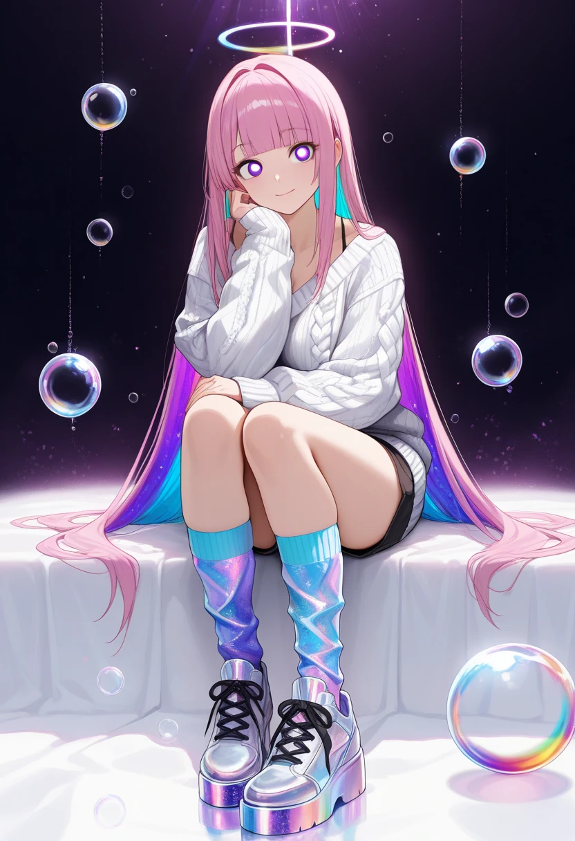 ultra detailed, absolutely resolution, masterpiece. 
cute fashion model, shining glossy silky straight hair with blunt bangs, captivating big round eyes, sexy beauty expression, great body proportion, wearing loose knit sweater, woolen shorts, knee-high socks, platform sneakers. 
sitting on a large, rainbow-colored, transparent soap bubble. 
wonderland, various iridescent glitter effects. 
extremely delicate depiction, extremely clear image, bold and dynamic, contrasts of light and shadow, 2.5D, artistic photography, hyper realistic