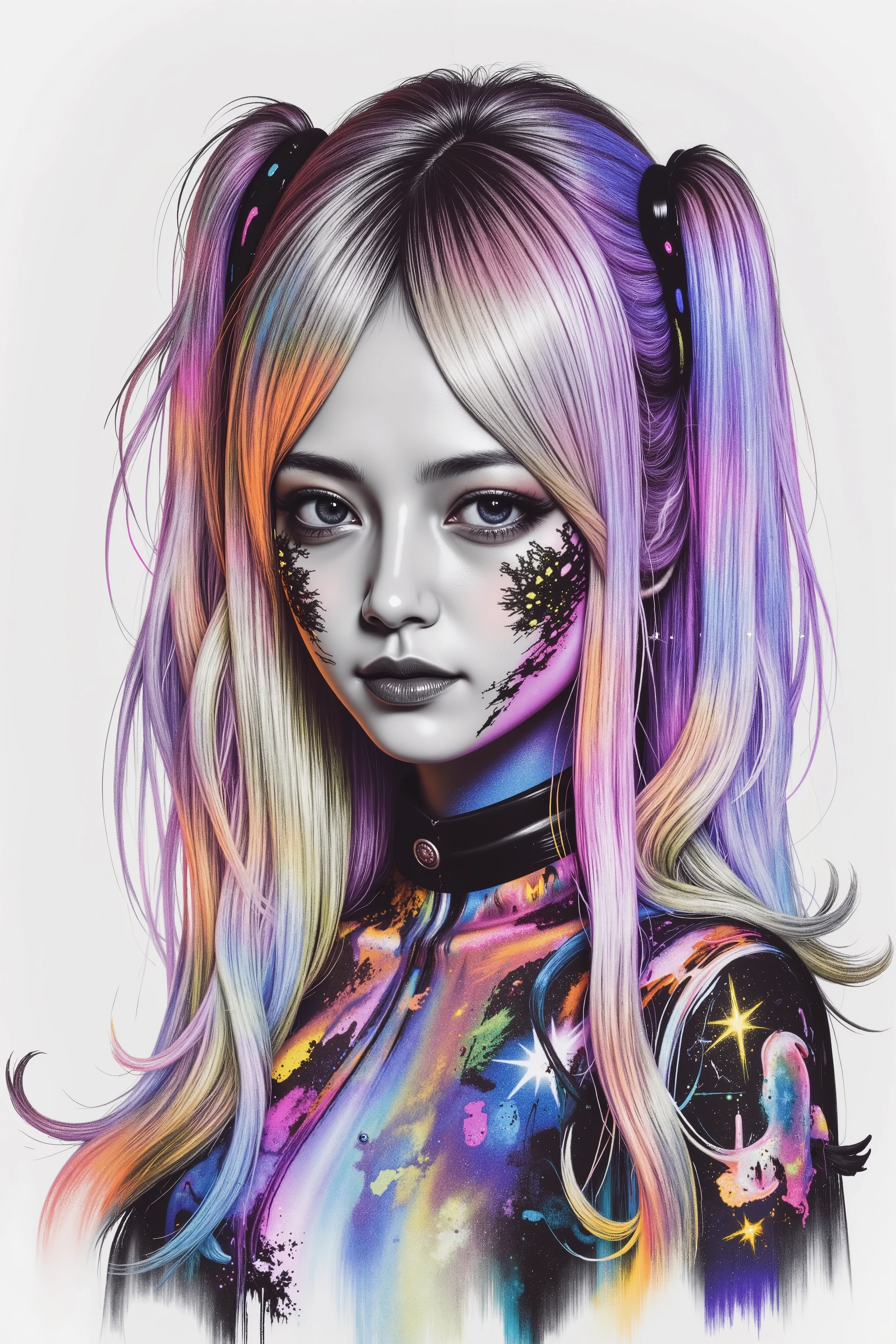 A surreal illustration in the Gradient Mesh style, featuring smooth blended color transitions and ethereal lighting. The character appears as if sculpted from flowing gradients, with metallic paint accents adding reflective highlights. The airbrushed surfaces enhance the fluidity, while glazing techniques create a sense of depth and transparency. Despite the seamless aesthetic, disruptive elements intrude—a grunge texture introduces rough imperfections, and chaotic paint splashes distort the harmony. Dust & scratches overlay the polished look with aged imperfections, while retro TV noise adds a VHS grain effect. Glitch distortions subtly fracture the otherwise smooth curves, creating a paradoxical fusion of futuristic elegance and digital decay.