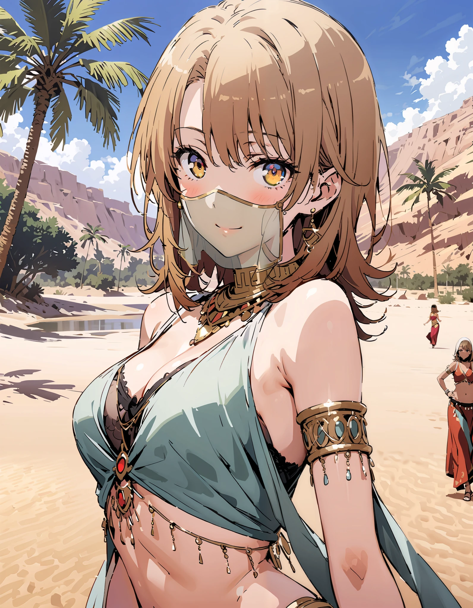 Irohaisshiki, Isshiki Iroha , short hair, brown-haired , Alone, brown eyes,smile,blush,Bare legs,Medium breast, cleavage,,Arabian clothing, dancer, mouth Veil, belly Dancing, Veil, armlet, palm tree , Dancing, smile,whole bodyがイラストに入るように,
break outdoors, desert, oasis,
break looking at viewer,whole body,
break ( Masterpiece:1.2), top quality , kampala,unity 8k wallpaper,(shape:0.8),( fine, beautiful eyes :1.6),It's a person ,whole body写真,CG Details , ( perfect hands, Complete Anatomy),