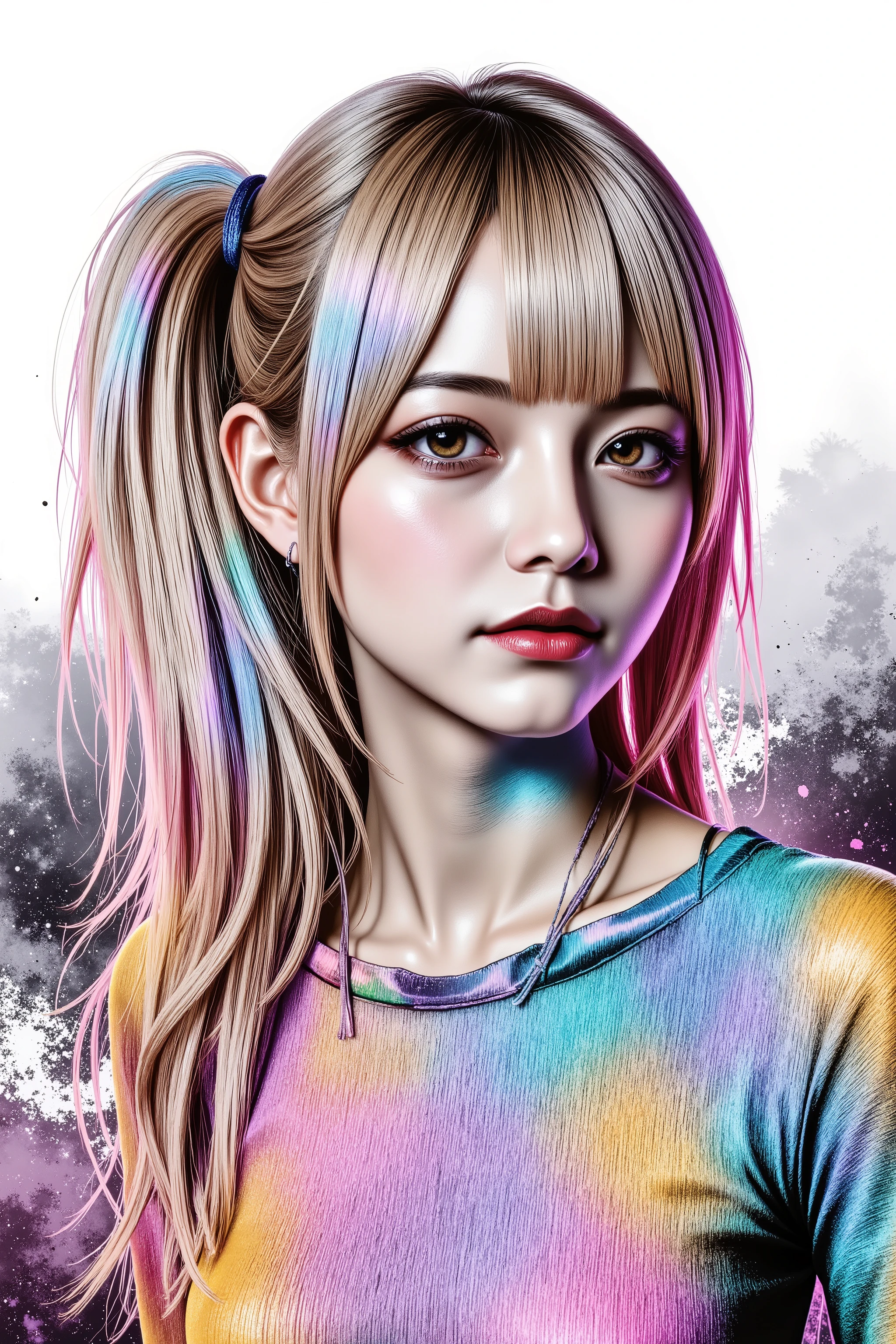 A surreal illustration in the Gradient Mesh style, featuring smooth blended color transitions and ethereal lighting. The character appears as if sculpted from flowing gradients, with metallic paint accents adding reflective highlights. The airbrushed surfaces enhance the fluidity, while glazing techniques create a sense of depth and transparency. Despite the seamless aesthetic, disruptive elements intrude—a grunge texture introduces rough imperfections, and chaotic paint splashes distort the harmony. Dust & scratches overlay the polished look with aged imperfections, while retro TV noise adds a VHS grain effect. Glitch distortions subtly fracture the otherwise smooth curves, creating a paradoxical fusion of futuristic elegance and digital decay.