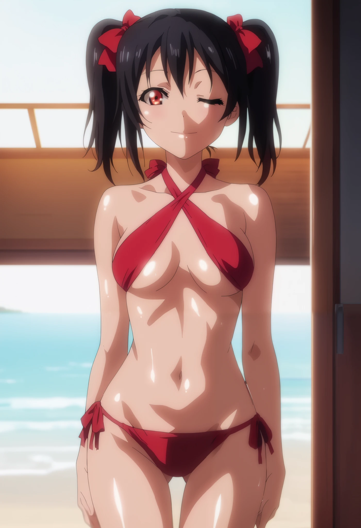 TRexStudio,source_anime, anime screencap,Shiny skin,dynamic lighting, detailed shading,moist skin, HENTAI , yazawa nico, black hair ,twintails,red eyes, looking at viewer,hair ribbons,sexy wink , happy,underboob,beach, morning,cowboy shot, side tie bikini, halter neck,thigh lines