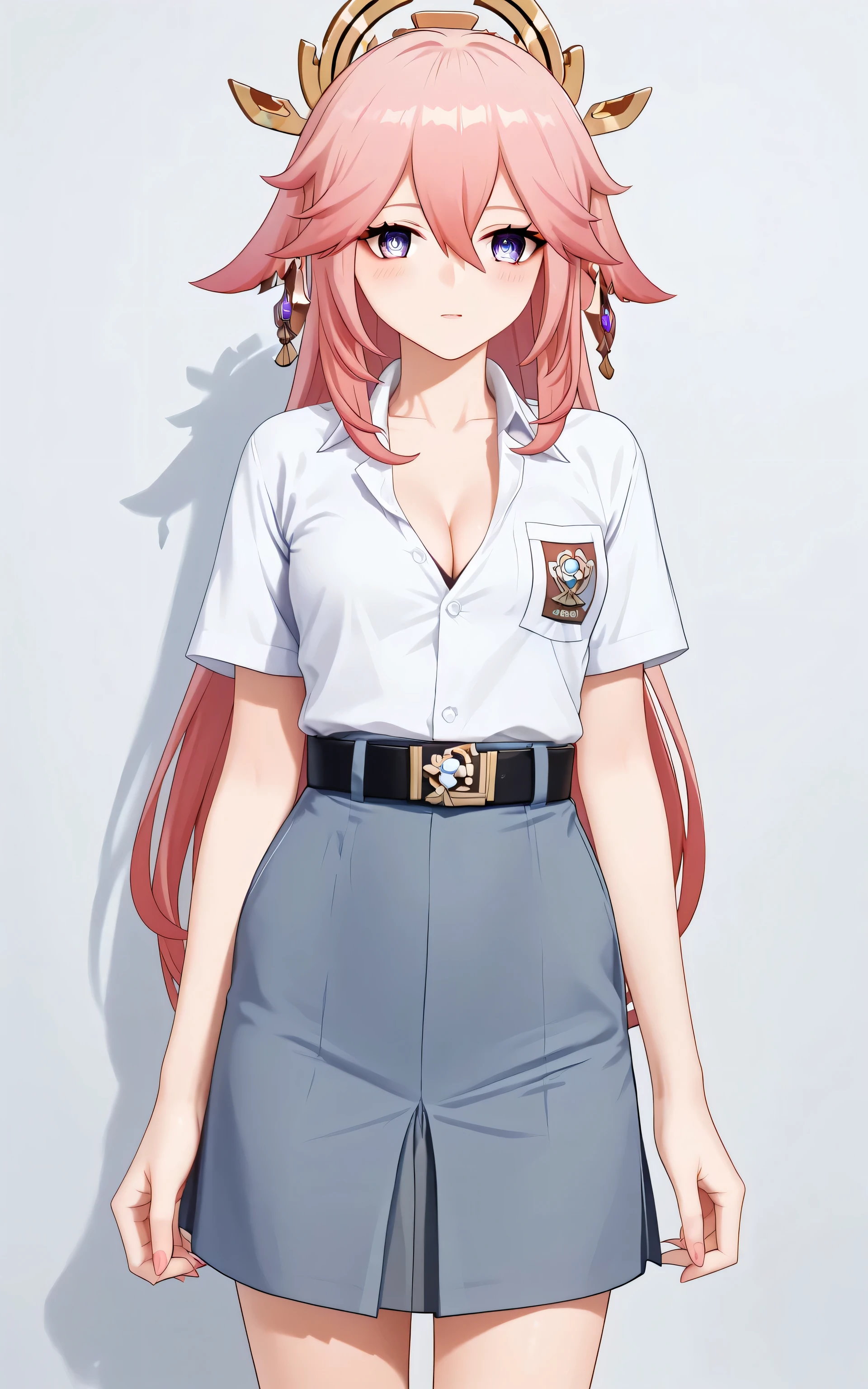 upper body, Yae miko, genshin, anime style, Random Sexy pose , ((Ultra detailing)), (very aesthetic, best quality, ultra detailed), ((Detailed eyes)), ((Beauotifull eyes)), ((prefect eyes)), intricate details,
1girl, Long hair, blue eyes, sharp jawline, long hair, shy, Blush ,Wearing sma shirt, Gray Skirt, Belt, Cleavage, ((Background : Class room,)