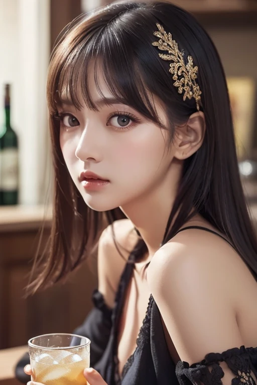 Highly detailed realism, (huge breasts), very delicate face, moist lips, (very long hair), innocent big eyes, detailed eyes, black micro lingerie