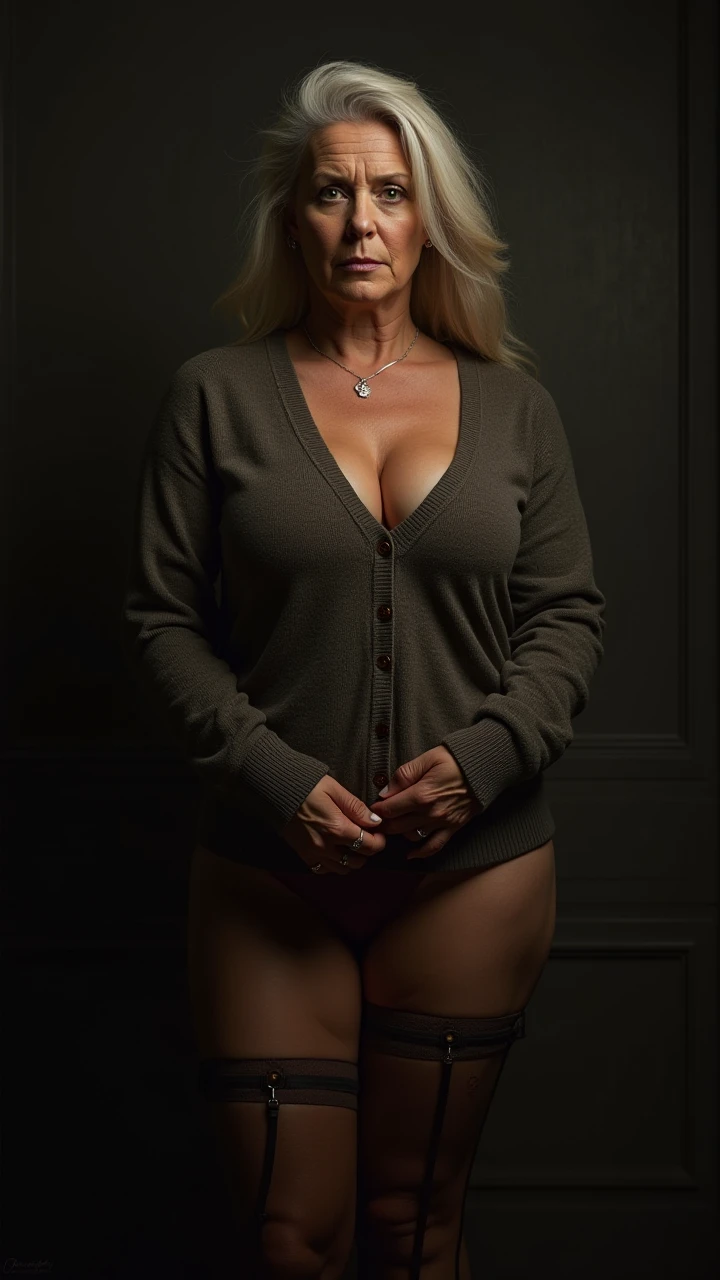 <lora:epi_noiseoffset2, dark studio, rim lighting, two tone lighting:0.3> (full body shot, rim lighting), flash photography,
Christian mom, 1girl, solo, long hair, blonde hair, female focus, Mischievous:1.2, raised eyebrows, looking at viewer, standing, freckles, torpedo tits, (sagging breasts:1.2), curvy, pussy, (pubic hair:1.1)
<lora:exhibitionism-off:0.7> exhibitionism, public indecency, flashing, naked coat, (cross necklace), jewelry
 <lora:torpedotitsv3:0.7>
<lora:age_slider_v1:-1>
<lora:bbw:0.5> bbw,
<lora:ReaLora:0.45>
<lora:epiCRealismHelper:0.4>
<lora:detail_slider_v4:0.5>
alley, dark background, dust particles, realism
