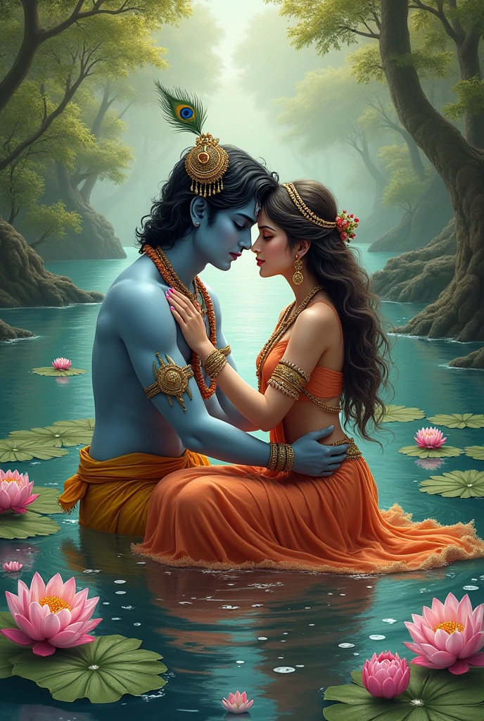 A serene view of Lord Krishna in traditional dress, sky blue skin, royal crown with few peacock feathers in the crown, wearing a vibrant lily garland. Krishna is hugging radha. Krishna's left hand on Radha's shoulder. Krishna's right hand  holding Radha's sexy waist. Radha's front fully body is visible.  Radha has a sexy fair skin face, brown eyes, red lips, long wavy brown hair, wearing a luxurious crown. Radha is wearing red saree. Radha is completely exposing her waist with navel piercing. Radha is exposing her body. Radha has perfect body features. Radha sleeping on krishna's chest. Both radha and lord krishna are in the palace pond covered with pink lotus flowers. Radha and krishna are very happy with a smile. The backdrop features a palace, casting a tranquil glow Depth to the image, creating a hot, sexy and realistic atmosphere. The image is viewed from a top view only. Make sure everything is perfect.