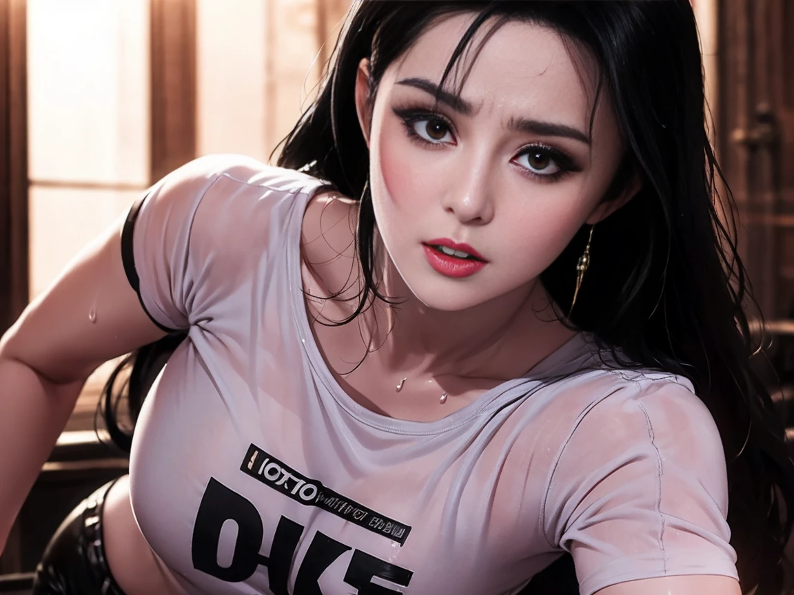 Highly detailed CG Unity 8k wallpaper, highest quality, masterpiece, (Realistic, photorealistic:1.4), ultra high res, (A beautiful_girls, 1_Indonesian_girls face, huge_breasts, black_hair, cleavage, polearm, large_breasts, long_hair, blue_eyes, navel, 1 Indonesian_girl_face, huge breasts, black_hair, solo, black_hair, long_hair, realistic, head_tilt, gold_necklace, jewelry, flower, black_eyes, shirt, looking_at_viewer, lips, upper_body, breasts, verry_low_cleavage, off_shoulder, bare_shoulders, large_breasts, looking_at_viewer, book, off-shoulder_sweater, white_hairband, long_hair, sweat, smile, sitting, collarbone, indoors, closed_mouth, bangs, plant, mole_on_breast, covered_navel, mole, lips, bare_shoulders, parted_lips, belt, vertical stripes), topless, dark nipples, dark aerolas, wet skin, silky body, silky skin, Inside a room , medium shot, Perfect feminine figure, Fascinating milf, Amazing beautiful face, bewitching Goddess, parted lips, glossy sweaty skin, cinematic composition, professional moody lighting and shading, (extremely detailed eyes and face, eyes with beautiful details, insanely detailed beautiful realistic skin texture), (correct body balance, accurate hands, accurate eyes)