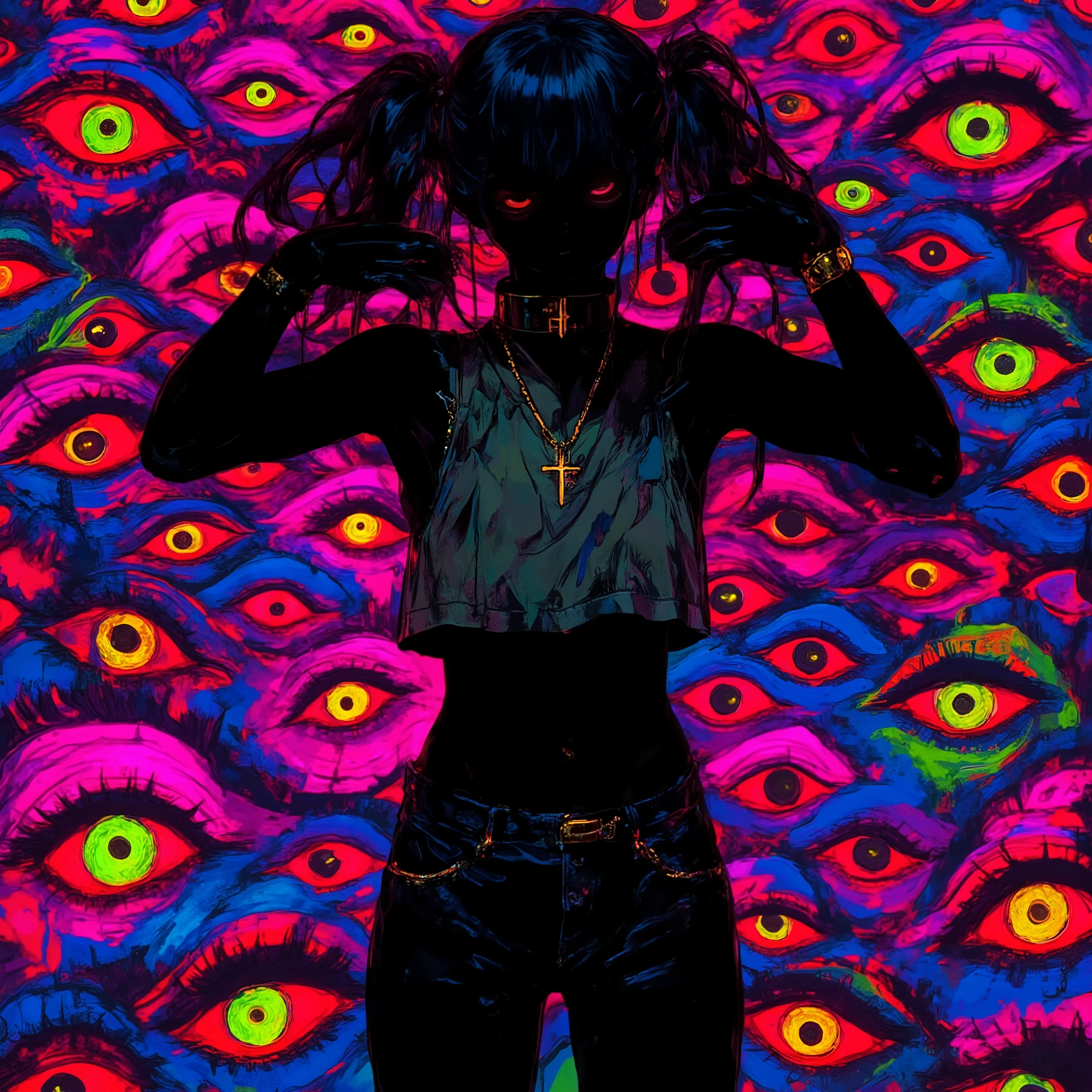 (masterpiece, best quality:1.2), 1 girl, unique, turtleneck woolen sleeveless top, navel, tight jeans, take a step forward, long twintails, glistening swirly golden eyes, f3nn3r, colourful, pink, blue, black, red, trippy, psychotic, psychedelic, losing my mind, creative background, no face, black body, heel boots, (push up hair with hands)