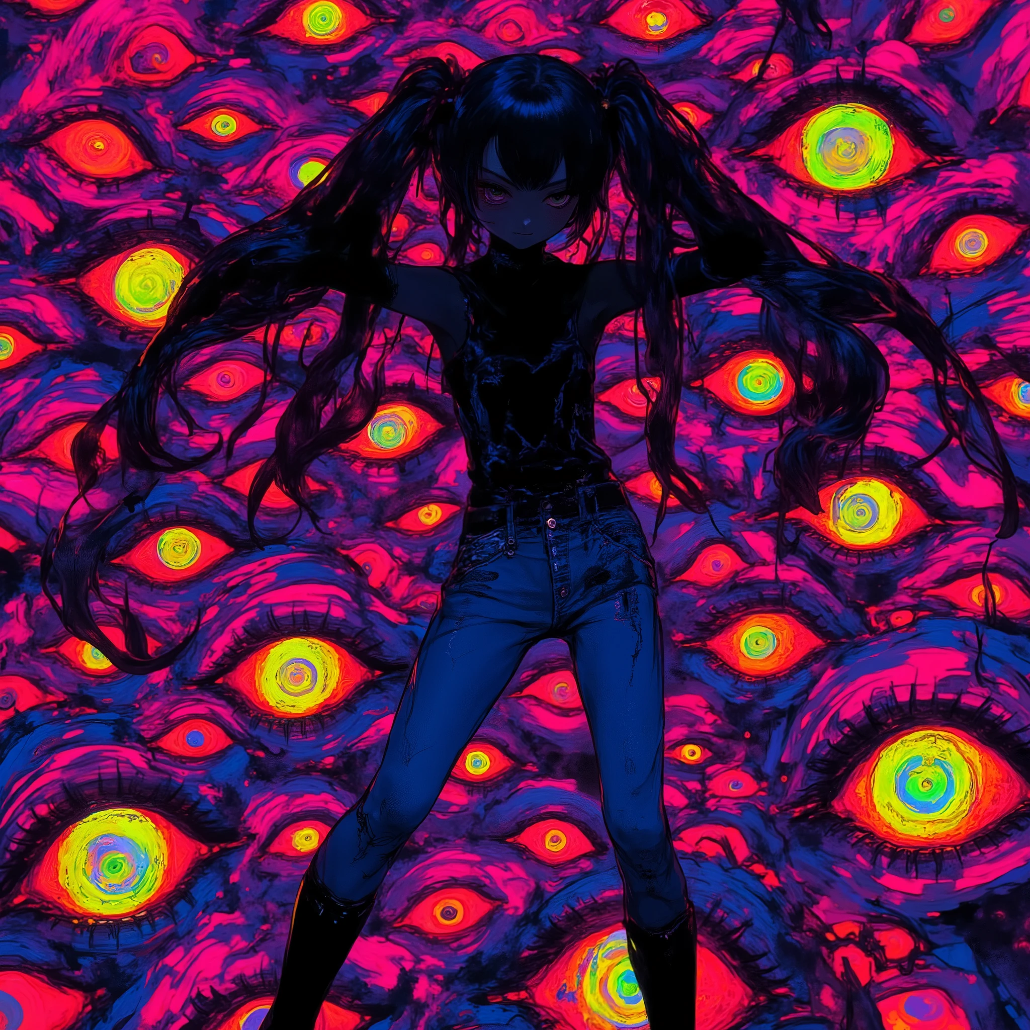 (masterpiece, best quality:1.2), 1 girl, unique, turtleneck woolen sleeveless top, navel, tight jeans, take a step forward, long twintails, glistening swirly golden eyes, f3nn3r, colourful, pink, blue, black, red, trippy, psychotic, psychedelic, losing my mind, creative background, no face, black body, heel boots, (push up hair with hands)