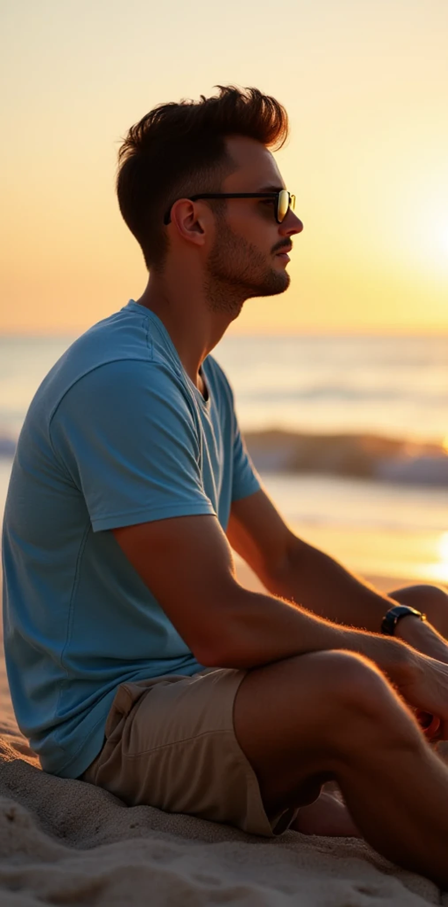 Man sitting on the beach:

by:

- Color:  Intense Black  (#000000)
- Texture: seeds,  silky and slightly wavy
- Muscular and slightly curvilinear length :  low and side ,  with a cut that fades towards the back of the neck
- Style :  brushed backwards,  with a casual and relaxed look

Eyes :

- Color:  Light brown with a touch of green  (#964B00)
- Shape: Almond-shaped,  slanted and slightly angled
- Size : big,  lips with a slightly oval shape
- Lashes : Long,  thick and slightly curled

Skin :

- Color: light brown, with a touch of gold  (#F5DEB3)
- Texture: suave,  facials
- Athletic and slightly curvaceous : uniforme,  without imperfections and with a slight luminosity

Expressive :

- Color:  Light pink with a touch of brown  (# FFC499 )
- Shape: thin,  firm and slightly curved downwards
- Size : medium,  provided and in harmony with the rest of the face

Body :

- Silhouette: Athletic, 
- Height : 1.75 m ( approximately )
- Weight: 65 kg ( approximately )
- Proportions :  Proportioned hips and shoulders ,  defined and slightly narrowed waist

Sensual :

- Shape: Oval,  soft and slightly elongated
- Smooth and slightly radiant : high cheekbones,  straight and slightly wide nose , defined and slightly arched eyebrows

Clothing :

 - Light blue short sleeve t-shirt
- Beige shorts
- Barefoot shoes
- Sporty style sunglasses

Position:

! - Sitting on the beach , Away from the spectator
- Facing the sea,  watching the sunset
- The campfire burns next to you , casting dancing shadows on the sand .
 image,  Cinematic light, 8K, uhdk , without distortion .