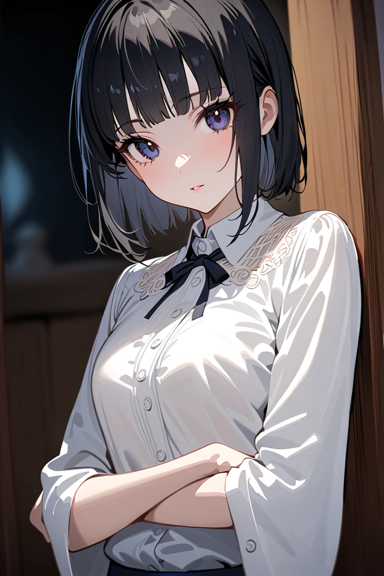 Masterpiece、Cinematic、Highest quality、Super detailed、Detailed clothing、Clear Face、Detailed face、Detailed skin、1人のgirl、14 years old、girl、、、Embarrassing、blush、Looking down、Loose wearing、A dark room、Blackout、Cute Pozu

