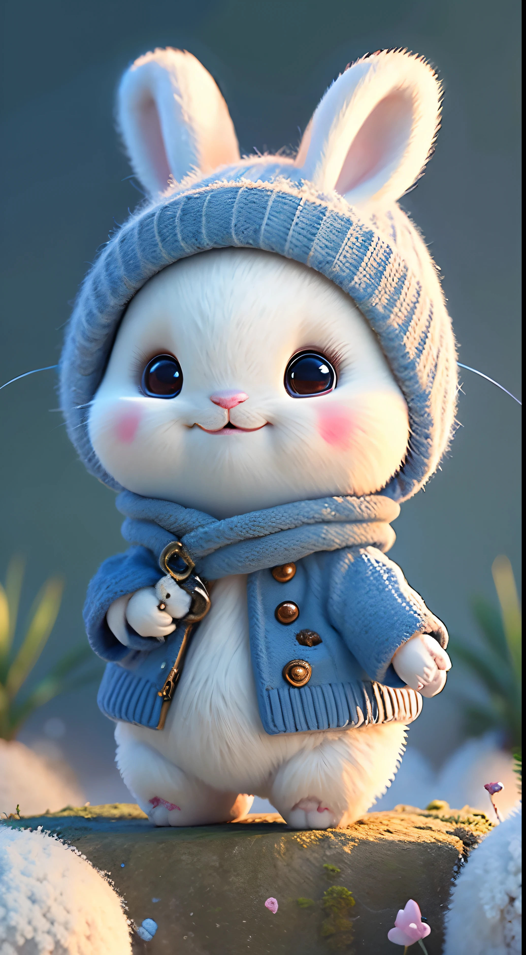 There is a white rabbit wearing a blue coat and a blue hat - SeaArt AI
