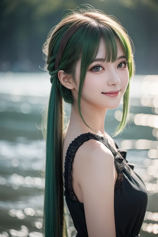 (masterpiece, best quality:1.4), ((1girl)), highres, solo, (european youth:1), (((Kochiya Sanae))), touhou project, ((18 years old)), (((Long hair))), (((green hair))), green eyes, frog hair ornament, hair tubes, snake, detached sleeves, ((Exposed shoulders)), (((blue shirt))), single thighhigh, fishnets, high detailed skin, dslr, soft lighting, high quality, highly detailed face, highly detailed skin, skin pores, subsurface scattering, realistic pupils, full face blush, detailed background, depth of field, volumetric lighting, sharp focus, absurdres, realistic proportions, good anatomy, ((cowboy shot)), ((looking at viewer)), ((light smile)), (realistic, hyperrealistic:1.4), 16k hdr, from above, green_bow, Shinto shrine