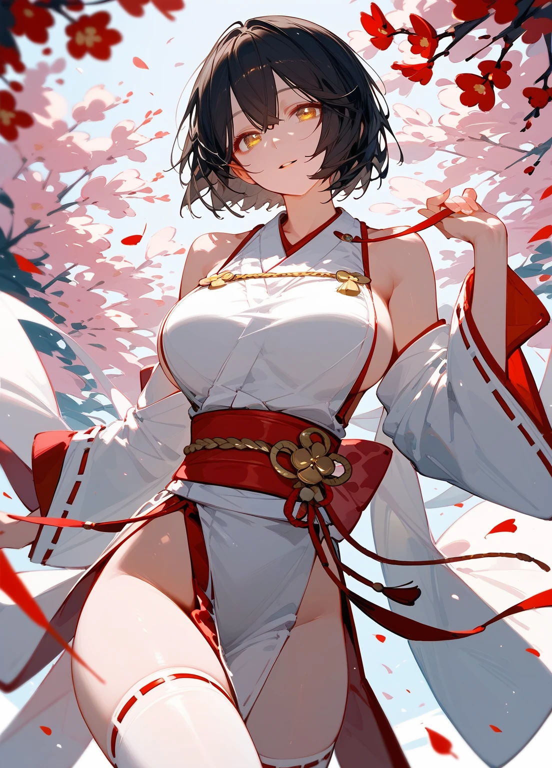 (masutepiece, Best Quality:1.2), (1girl in, Solo), 20yr old, Upper body, (Kimono, Undressing, White Bikini Bra), (Brown Short Hair, Brown eyes), Burning Devil's Horn, Smile, (Sweat:1.1), gleaming skin, The ancient capital of Japan, nigh sky, From Side