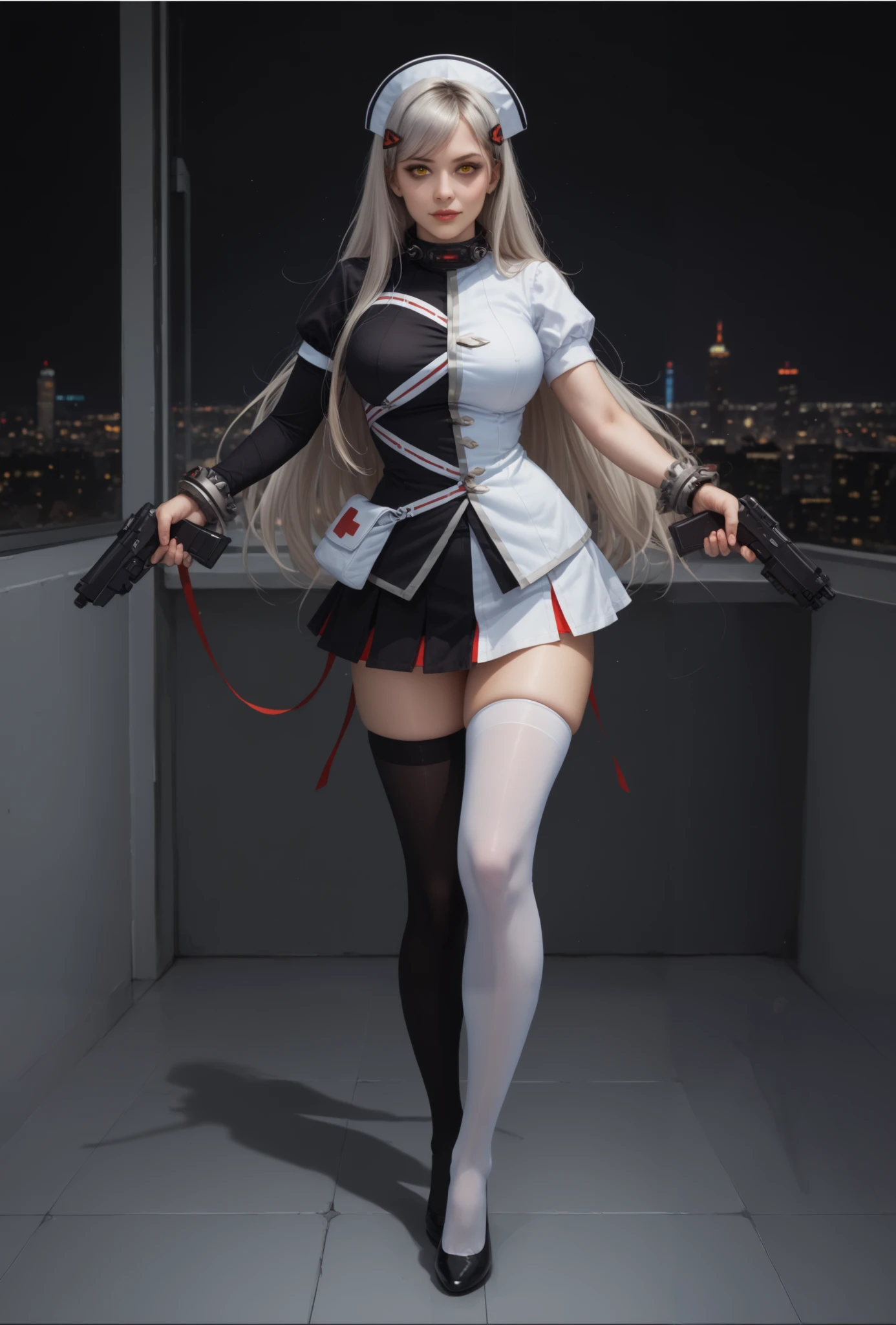(realistic:1.4),1girl, solo,large breasts, long eyelashes, expressive eyes, perfect face, BSblack1i1ith, solo, thighhighs, gun, weapon, holding, long hair, dual wielding, transparent_background, long right sleeve short left sleeve, hairclip, asymmetrical clothes, asymmetrical legwear, nurse cap, yellow eyes, collar, wrist_cuffs, waist bag, full body, the image is a digital illustration of a female character from an anime-style drawing. she has long, flowing silver hair with a slight gradient effect, transitioning from white at the roots to a darker shade towards the tips. her eyes are a striking yellow color, giving her an intense and focused expression. she wears a futuristic, high-tech outfit that is predominantly black and white, with a distinctively modern and edgy design., , city, city lights, cityscape,indoors,tile floor, reflective floor, skyscraper,window,summer season, light particles,yellow theme, dark background,Standing,lean forward, looking at viewer,