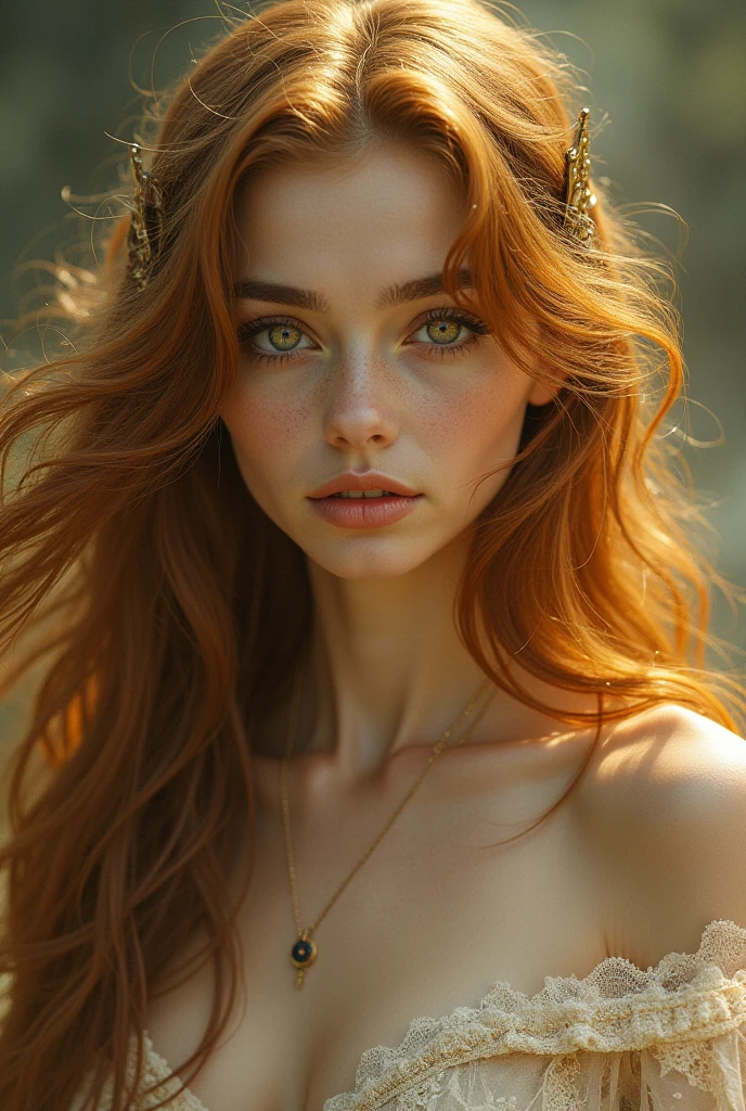The face of a young woman, green eyes, red curls, nose piercing, ear rings, full lips, index finger in front of the lips, head on side, detailed face, realistic, datailed lips, busty