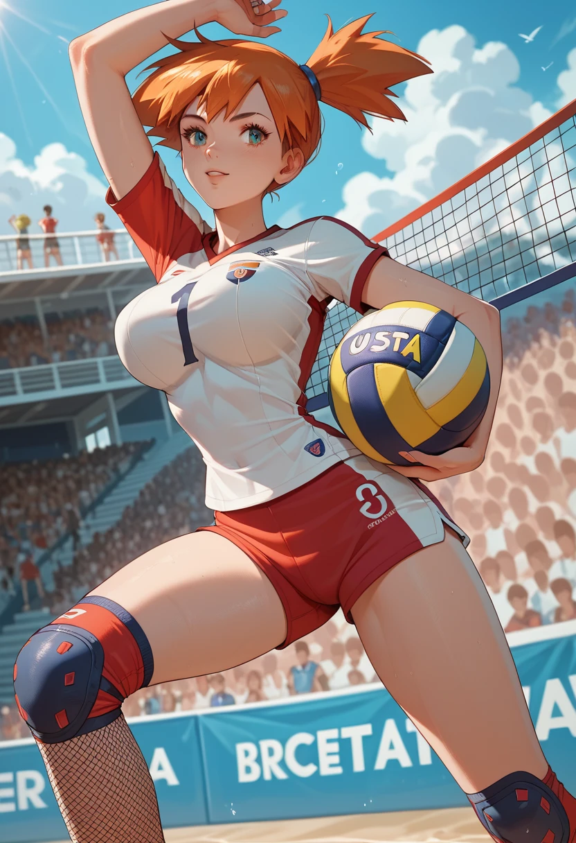masterpiece:1.2, best quality), realistic, (real picture, intricate details, depth of field), (1girl, solo), make up, parted lips, highly-detailed, perfect face, (huge breasts:1.4), (skindentation), thick thighs, wide hips, small waist, tall, glossy coral lips, red hairs, red eyes, ponytail, (A girl playing volleyball, white volleyball uniform), (sweating:1.2), (wet), sexy, blushing,