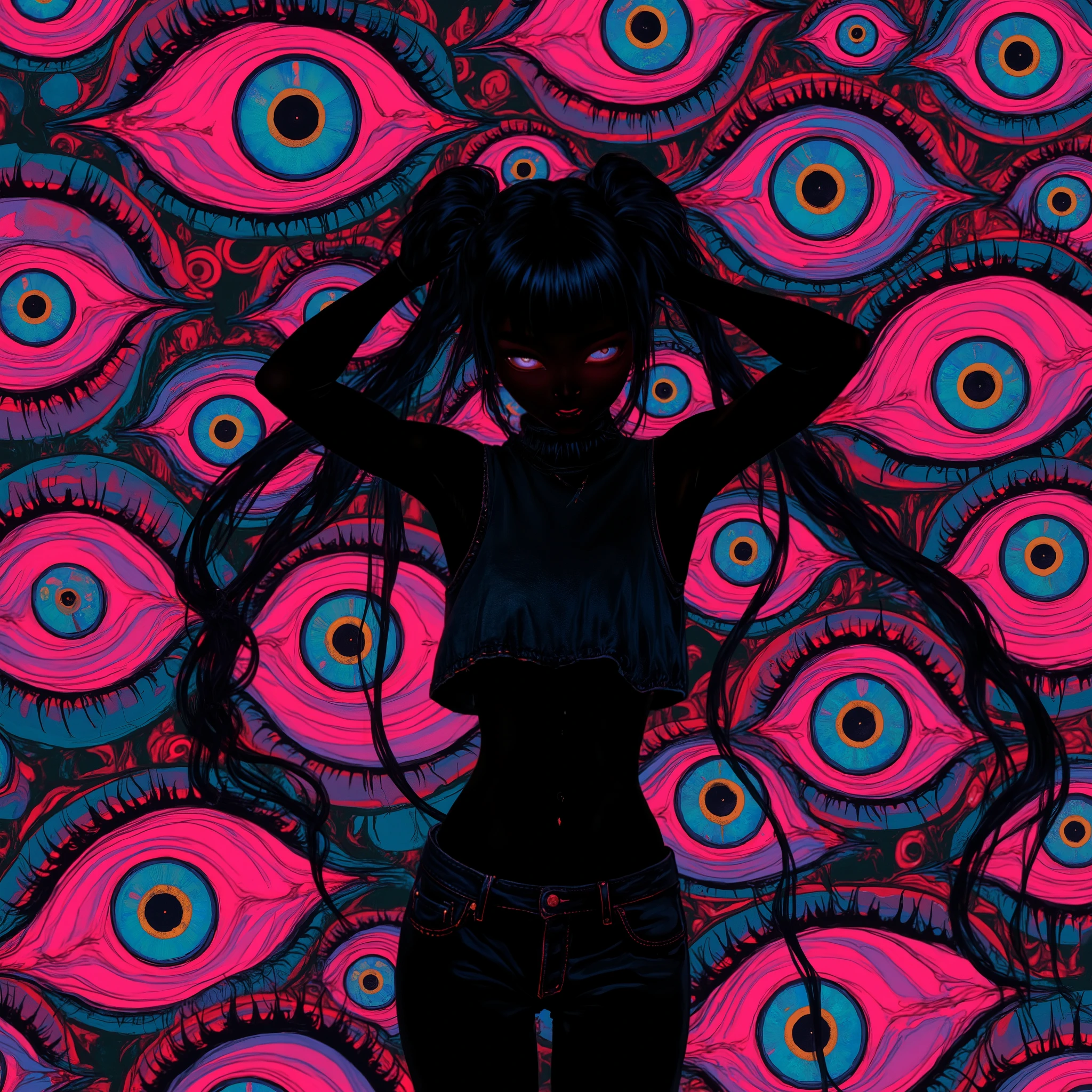 (masterpiece, best quality:1.2), 1 girl, unique, turtleneck woolen sleeveless top, navel, tight jeans, take a step forward, long twintails, glistening swirly golden eyes, f3nn3r, colourful, pink, blue, black, red, trippy, psychotic, psychedelic, losing my mind, creative background, no face, black body, heel boots, (push up hair with hands)