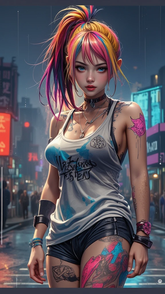  Beautiful girl ,  punk style coloured  hair, slim fit body ,  tank top, mini shorts, slim waist, rosy lips , 
 Blue eyes, tattooed body