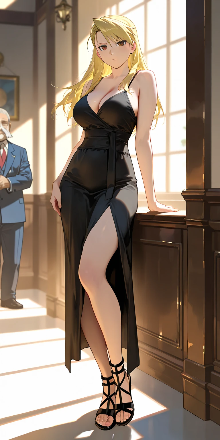 Tall, handsome, statuesque, courageous, adult man - golden-haired blonde, dressed in an expensive branded business suit, long straight platinum hair, blue eyes, long bangs, he hugs an incredibly beautiful young femme fatale blonde, she is dressed in a luxurious thin silk scarlet dress, with open shoulders, thin berets with rhinestones, the dress highlights her perfect figure, long golden hair gathered in a beautiful hairstyle decorated with pearls, beautiful branded jewelry, high-heeled shoes, a clutch bag. They are in love with each other. Full-length image. An expensive restaurant. A romantic setting.