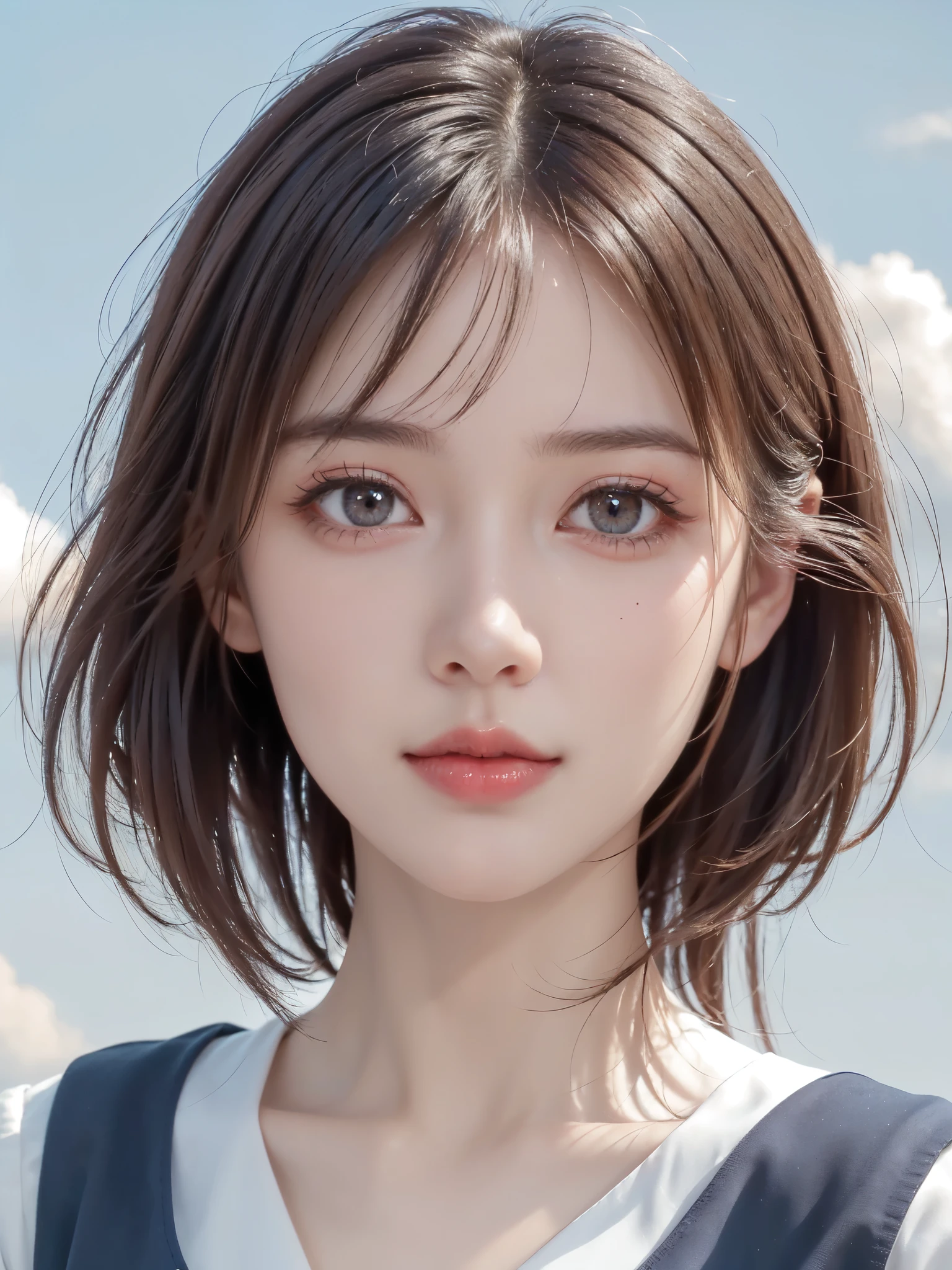Looking down,One Girl,(1人のとてもcute女の子:1.3),masterpiece,Highest quality,High resolution,Photorealistic,RAW Photos,Ray Tracing,beautiful girl,(:1.3),cute,Big eyes,(detailed pupils:1.2),(The face is facing straight ahead:1.3),Body facing forward,Beautiful nose,Fuller lips,short brown hair,short hair,Detailed eyelashes,Thin eyebrows,Very fine grain definition,(Symmetrical eyes:1.3),(Face close-up,Face Focus:1.0),Small breasts,White and navy blue sailor suit,uniform,grassland,Blue sky and white clouds,Portrait,View Viewer,From below,Cinema Lighting,High resolution,Very detailed