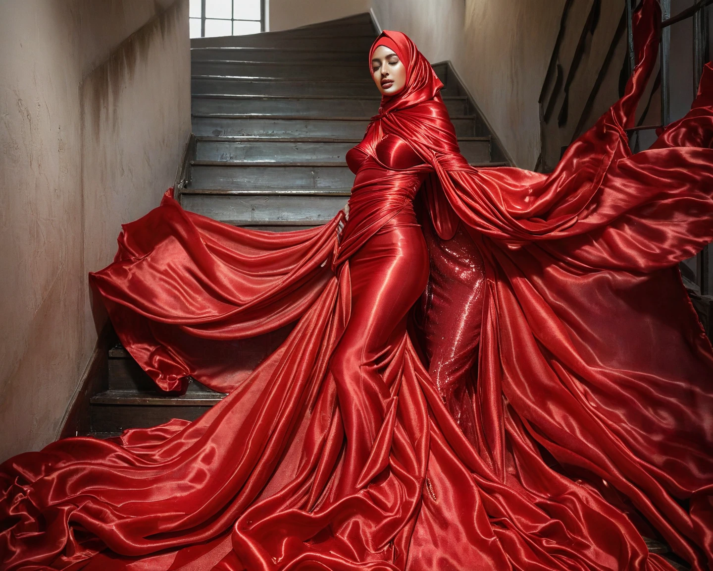 a woman in the translucent red gown, tight full body tied, transparent very long gown, nipple on with nipple piercing, wearing translucent veils, full body expose under gown, modern hijab, full body, long tail gown,mermaid tight long gown, flowy dramatic long gown, tall women,strugle to walk, sexy leg, wear high heels, walk downstair, very sexy pose, masterpice 