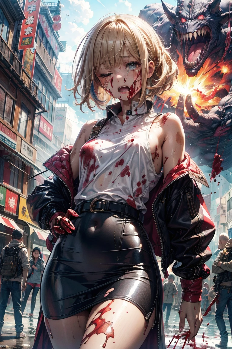 Stunning painting featuring the very beautiful Elsa Jean + venom sider girl with chained wrists, provocative pose, flirtatious expression, tattered unbuttoned shirt black red highly detailed tattered leather mini skirt, perfect anatomy, centered, near perfect, dynamic, highly detailed, artstation, concept art, soft and sharp focus, illustration, art by Carne Griffiths and Wadim Kashin, graffiti airbrush techniques, high definition accent lighting, contrasted with vivid paint colors, cinematic, photorealistic, by Boris Vallejo, atmosphere extra space, digital rendering, digital painting, beep, Noah Bradley, Cyril Roland, Ross Tran, trending on artstation