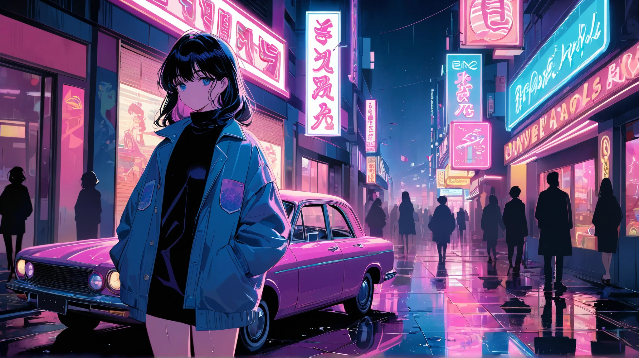 A young woman with long, flowing black hair walks alone through the neon-lit streets of 1980s Tokyo at night. She wears a vintage oversized jacket and a turtleneck sweater, with a melancholic yet dreamy expression. The cityscape is filled with glowing neon signs in Japanese, reflecting on the wet pavement. Classic cars and retro storefronts line the streets, while distant silhouettes of people add to the nostalgic, cinematic atmosphere. The color palette includes deep blues, purples, and vibrant pinks, evoking a synthwave aesthetic. The art style is detailed anime with a soft, painterly touch, emphasizing emotion and nostalgia.