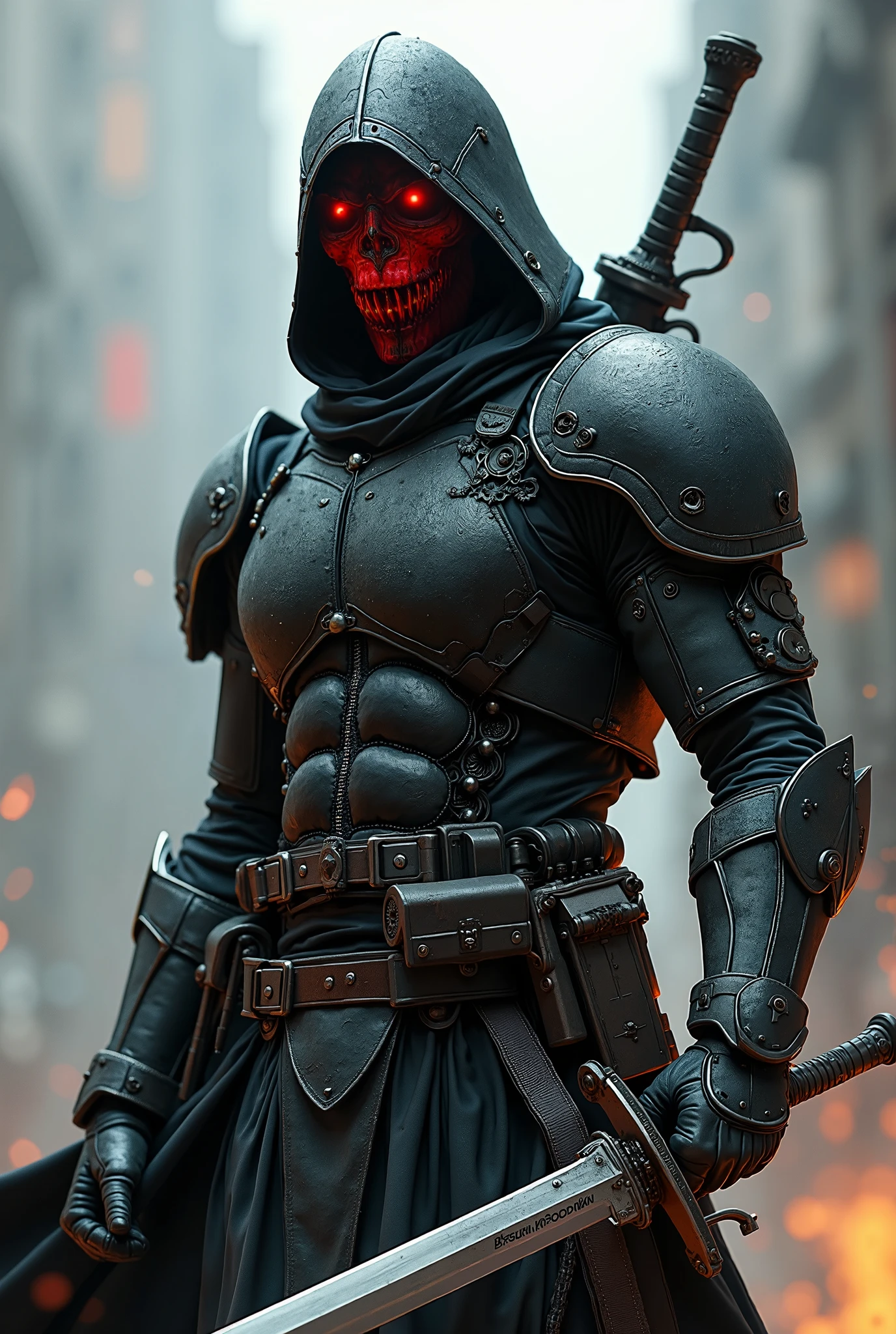 Death black trench coat and hood and bloody bandages raping around his chest