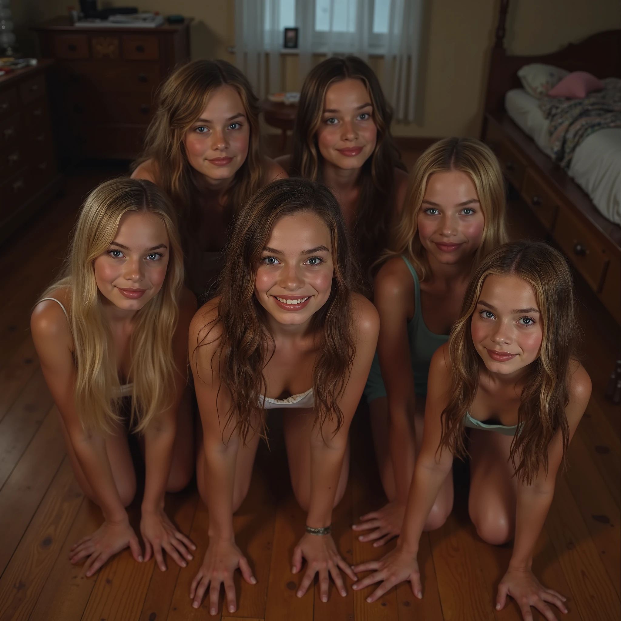   Very realistic photo of 6 very young girls    ,   long hair,  2 girls have long braids ,   Different hair colors and different hairstyles  , tiny ,   short tops and miniskirt   ,  detailed face ,  Size,   beautiful eyes  , ,   kneeling on a hardwood floor in a bedroom at night,   seen from above  , sehr  Size Lippen ,    very plump lips   ,  closed lip vest,   bright and bright pink   ,  shiny and wet face   . ,  Size Brüste .  focus on , vista ,   around the viewer   .