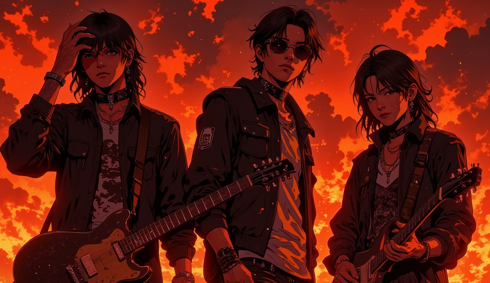 (( RAW photo), absurdo, ( absurd resolution)), masterpiece, envelopes , ( Extremely detailed 8k unit CG wallpaper), ( best illustration), ( Best Tone ), realistic lighting , detailed and beautiful glitter, (( 20 years)), black jacket , collar with a cross , gafas de sol, 3 jovenes in a rock band, debajo del fuego, orando, fuego enorme