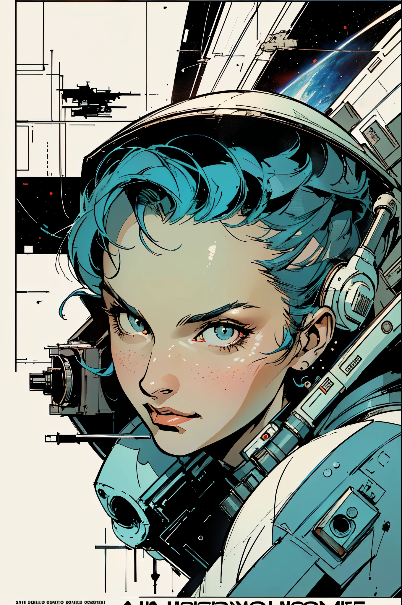 (((masterpiece,best quality))),32K Wallpaper,((( very detailed poster))),retro vintage,sci-fi,(((space thriller cinematic movie poster))),(((Bauhaus))),(((mid-century modern))),(((outer heaven))),(solo1girl :1.2)