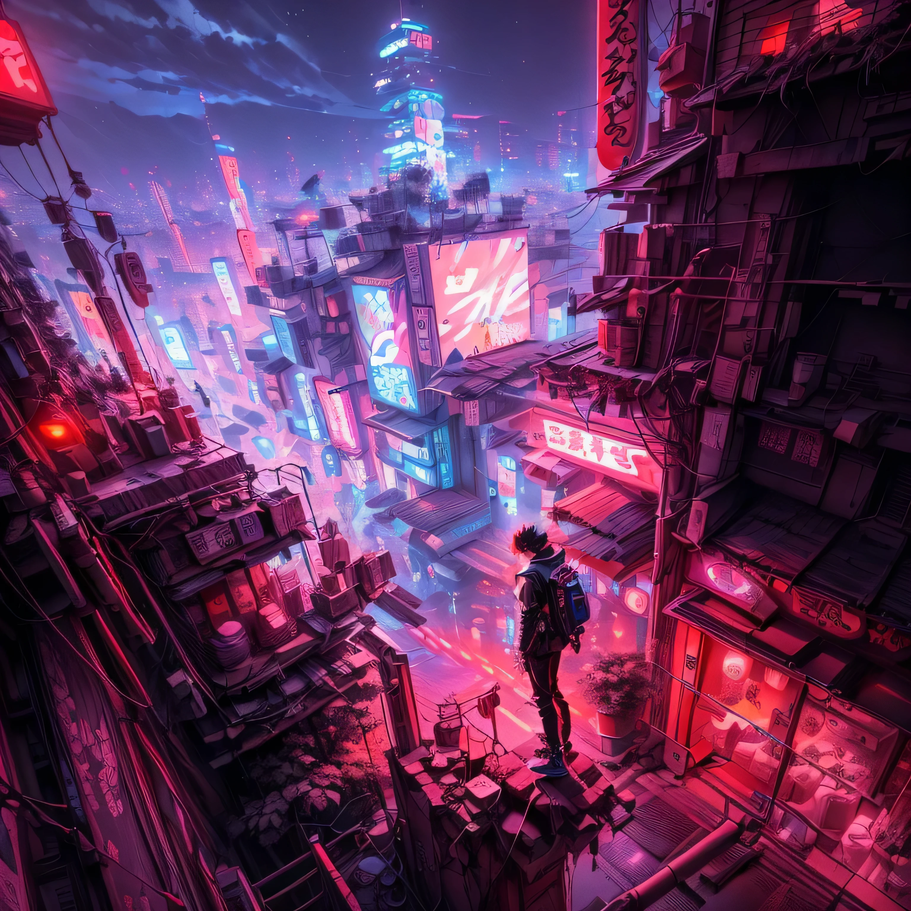 arafed view of a city at night with a man standing on a pipe, digital cyberpunk anime art, anime cyberpunk art, digital cyberpunk - anime art, futuristic cyberpunk tokyo night, cyberpunk anime art, in cyberpunk city, akira anime cyberpunk, cyberpunk dreamscape, modern cyberpunk anime, detailed neon cyberpunk city, cyberpunk art style, cyberpunk atmosphere, neo tokyo background