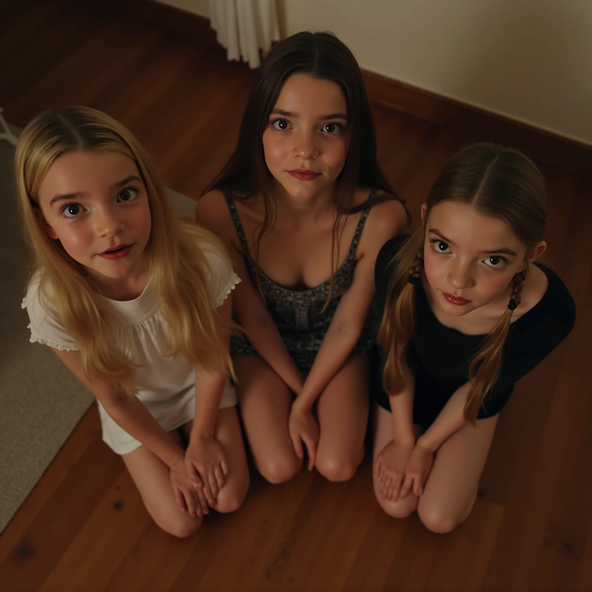 Very realistic photo of 3 very young girls , long hair, 2 girls have long braids , Different hair colors and different hairstyles , tiny , short tops and miniskirt , detailed face , Size, beautiful eyes , kneeling on a hardwood floor in a bedroom at night, seen from above , sehr Size Lippen , very plump lips , open lips , bright and bright pink , shiny and wet face . , Size Brüste . focus on , vista , around the viewer .