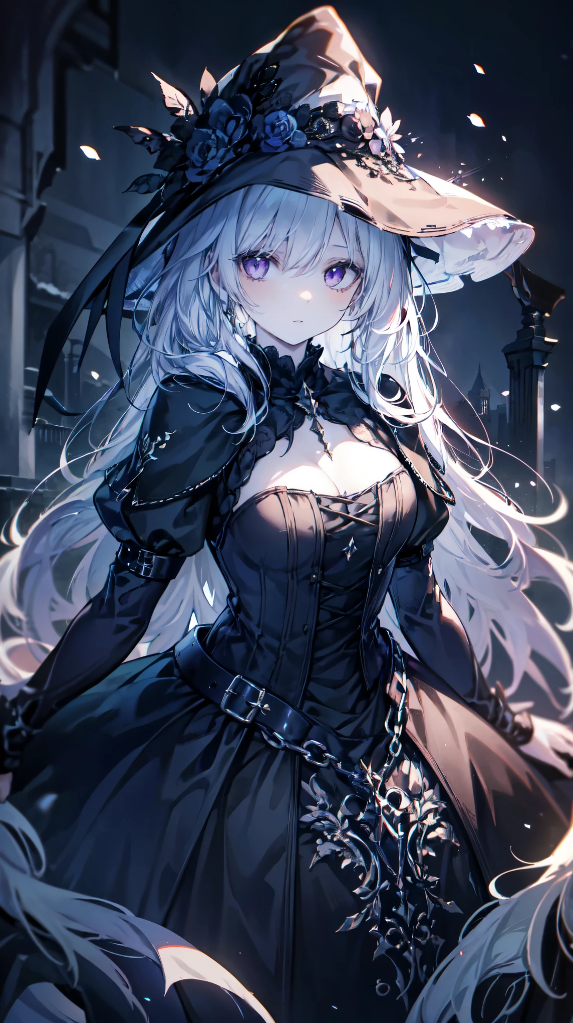 an extremely beautiful 22 year old woman, , 160cm, long platinum blonde hair, bangs, violet eyes, a voluptuous figure, large breasts (nun outfit, sensual outfit) In a medieval church, magic, innocent smile, face blushed,
