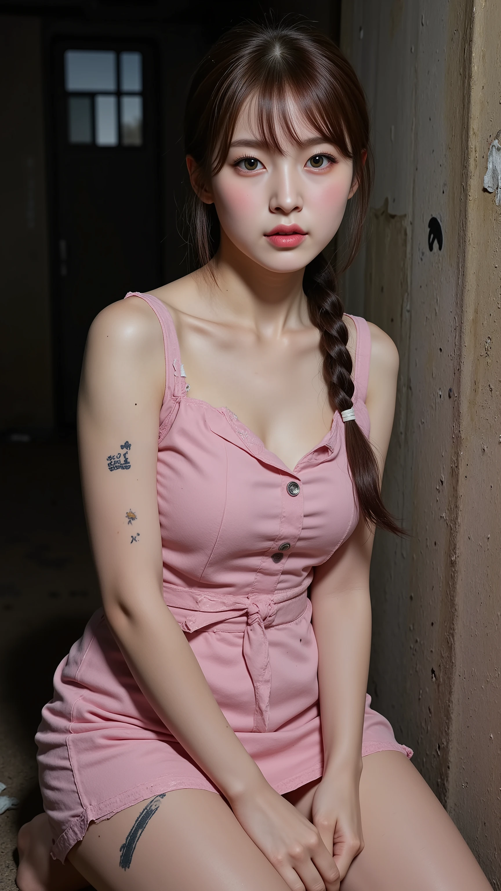 ,
Realistic, photojournalism, documentary technique,
Hasselblad, 85mm Carl Zweiss lens, high resolution,
(full body visible :1.5),

Looking at the camera and looking a little surprised,

Young Korean girl,
She is Arin, the youngest member of the idol group "OH MY GIRL",
Ponytail, bangs,
She is in her early s,
Big round brown eyes,
She has very white skin,
She has dark brown hair,
Her legs are a little chubby,
She is wearing a pink mini dress,

Her clothes are old and very ,
Very ,
She has a tattoo that says "slut",
She has a tattoo of a picture of a poop,

She lives in the slums and is very ,
She looks unhealthy,
She has a lot of warts,
She has a lot of scars,
Her clothes have a lot of stains,
Some of the stains are black, some are yellow, some are red,
Her clothes are torn in places,

At night, she sits with her legs spread apart, leaning  in a cheap brothel room in the slums,
The room is dark and ,
The room is full of rubbish,
She tells the man who comes in that she will do any  act,
She can be bought for next to nothing,