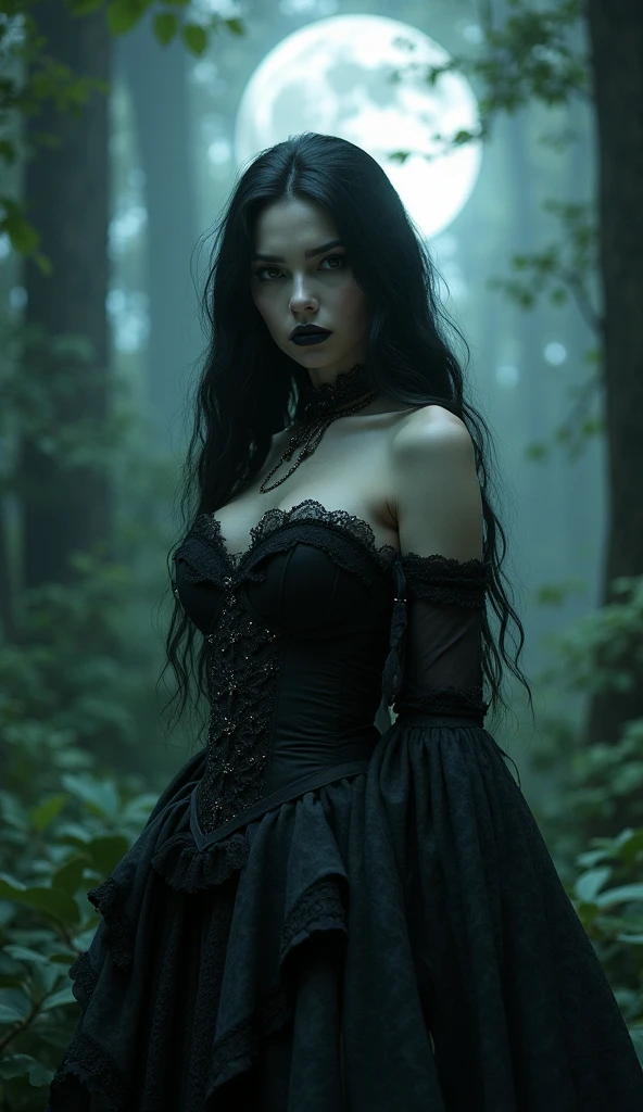 young gothic girl, white eyes, porcelain white skin, long black hair, dark but sexy makeup, black painted lips, black lace dress, The dress has straps that form a pentagram design, wears corset with little skull buttons, sexy look with an air of superiority, Wicca sexy. Background a gloomy forest.