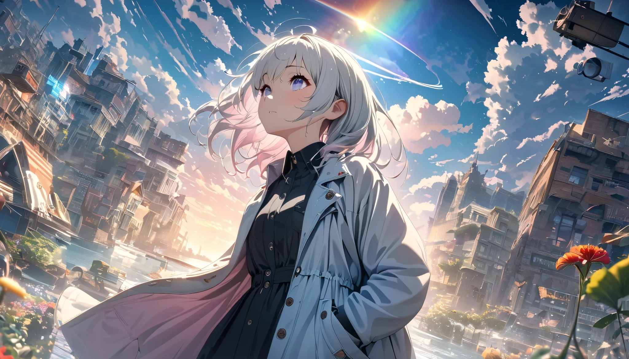 angelic, detailed woman, sunrise, rainbow, After the Rain, horizon, In the sky, city , Lens flare, colorful,coat, Put your hands in your pockets,(18-year-old, JK, Her short silver hair sways,) Look up at the sky, Beautiful sky, The scenery is beautiful., 広いLook up at the sky, Colorful summer flowers are blooming everywhere., I see the wind blowing and shining, In the sky there is a noon moon and a noon star,From below, break ,quality(8k,extremely detailed CG unit wallpaper, masterpiece,High resolution,top-quality,top-quality real texture skin, surreal,Increase the resolution,RAW Photos,highest quality,Very detailed,wallpaper,Cinema Lighting,Ray Tracing,Golden Ratio),Have a long-term perspective