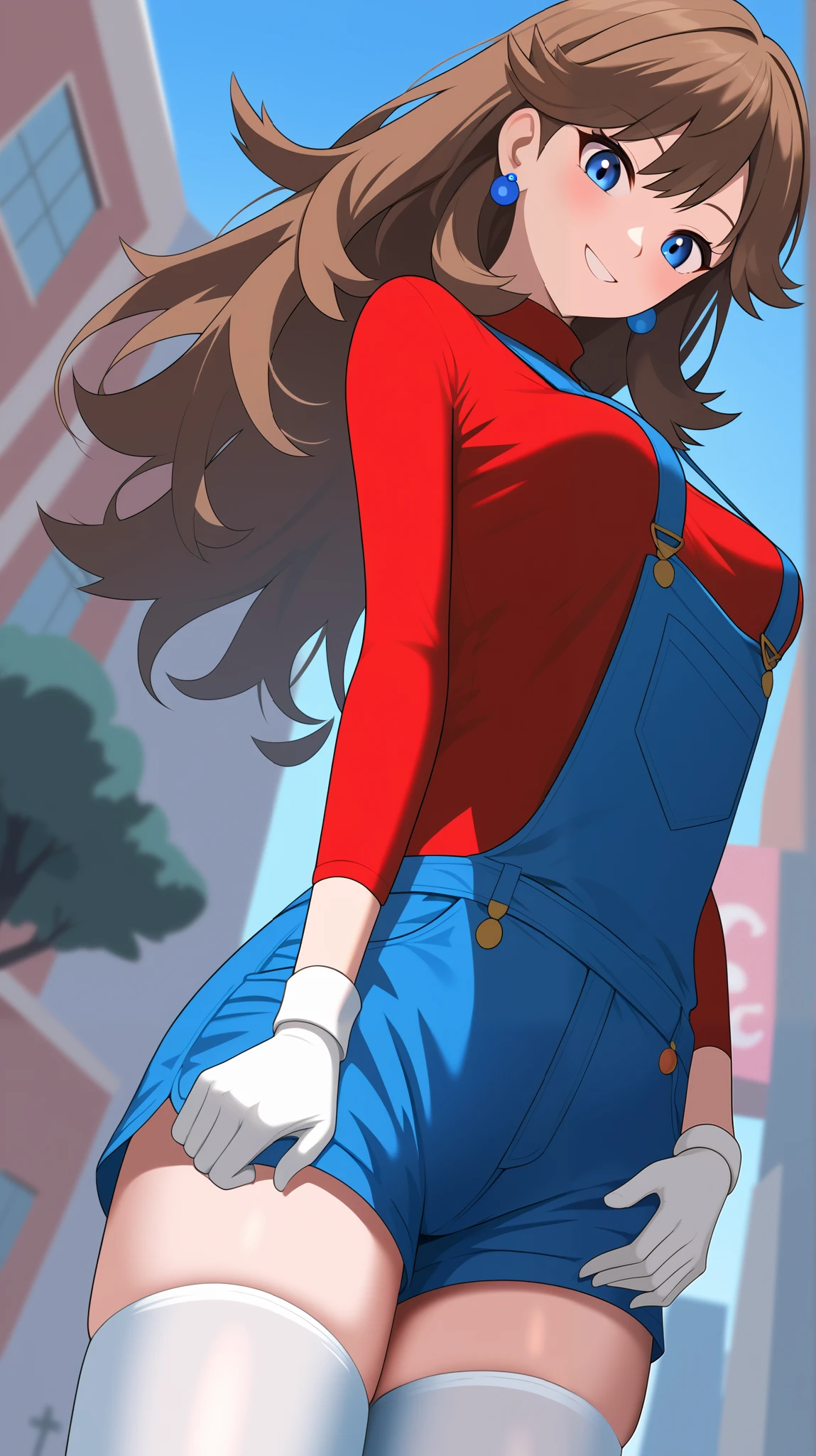 (( top quality)), (( Masterpiece)), (( Details)), 1girl , Two legs, two arms, orange brown hair color, long hair, blue eyes, red long sleeve shirt , blue shorts overalls, white knee-high stockings reflective on glass floors, absolute domain, orange laces , blue earrings, sexy smile, seductive smile, look down, from below until close, cross your arms a little, Height, anime coloring book, 1 Female, Age 18, Three idiot hairs , bangs, whole body, slim figure, Ample breasts, City, (\ Pokémon\), score_9, score_8_Excellent, score_7_Excellent, score_6_Excellent, source_Anime, Cell Shading , flat color, vector,