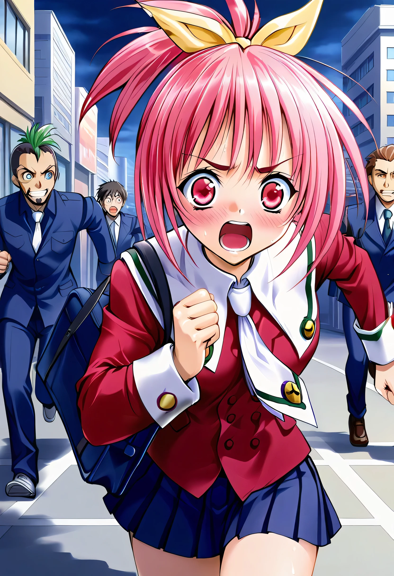 masterpiece, best quality, official art, amazing quality, ultra highres, very aesthetic, highly detailed,
(3Man), 1girl ,Serina,yellow ribbon,(pink hair),(pink eyes), beautiful detailed eyes, BREAK
serina_school_uniform, red school uniform, white necktie, blue pleated miniskirt,(school bag),embarrassed,(surprise),(((furrowed brow))),(scared),(open mouth),(fleeing),((running)),
standing,((In the city)),evening,cowboy shot, highly detailed,a BREAK b nsfw,mohawk, multicolored hair, green hair, facial hair, blue eyes,navy school uniform,(grin),((running)),looking at viewer,((Surrounded by Mohican-headed Molesters)),