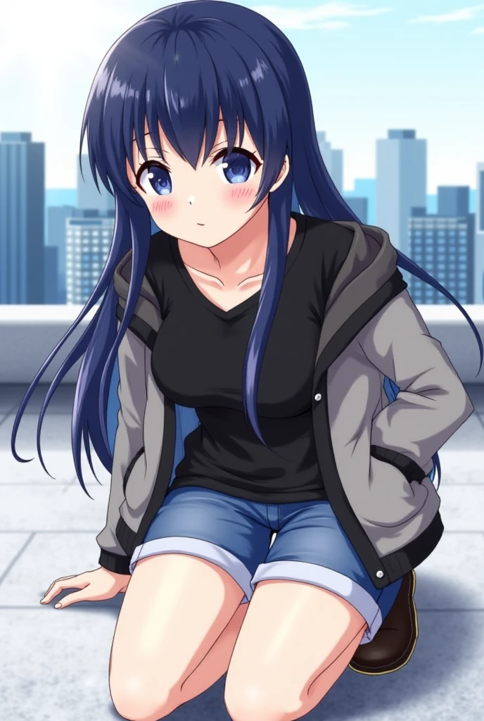 miku, miku nakano, season 2, long hair, purple hair, hair between eyes, blue eyes, highly detailed eyes, hoodie , medium breasts, sitting, city background, street view