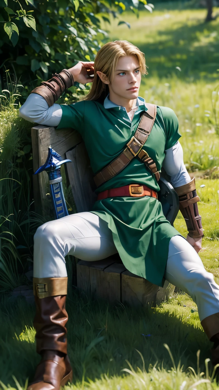 Full body photograph, very detailed, live Action, ultra-realistic digital portrait of Link from Twilight Princess, very detailed facial features, piercing blue eyes. His body type is masculine, with well-trained, slim muscles. Sharp jawline, disheveled golden hair, using a green tunic, blue shield, and steel sword.