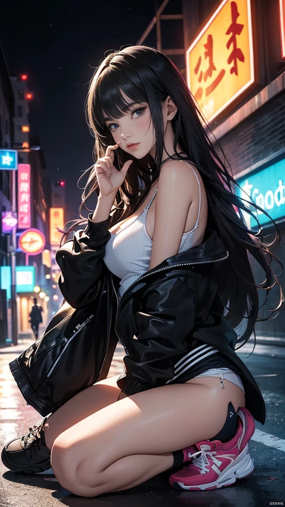 Seductive Face, ((Hazel Green Eyes)), (Best Quality, 8k, Masterpiece: 1.3))), Clear Focus: 1.2, (Layered Cut, Large: 1.2), Perfect Body Beauty: 1.4, Slim Abs: 1.2 , Wet Body: 1.5, highly detailed skin and facial texture, detailed eyes, double eyelids, Japanese Cyborg, cyberpunk Model Girl, Angry Beautiful Goddess, ((long black hair)), (standing on the roof of a building) , (illuminated night city), (neon signs), (futuristic city), ((many cars passing)), (people walking), (jeans and white hoodie), wide hips