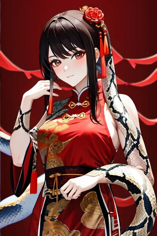 girl,,Black Hair、slightly red eyes,kimono,Beautiful Face,Snake Woman、poker face、Black snake pattern、turn around、The snake coils、蛇の鱗模様のkimono、With the snake、Personal illustrations、masterpiece, Highest quality, Super detailed, Detailed eyes, white,To maintain anonymity、The character's face is obscured by a pixelated area。Similar to Orochimaru、Magical background、Dark Room