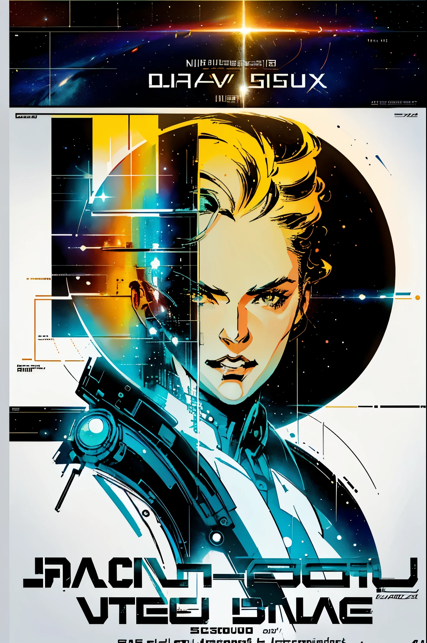 (((masterpiece,best quality))),32K Wallpaper,((( very detailed poster))),retro vintage,sci-fi,(((space thriller cinematic movie poster))),(((Bauhaus))),(((mid-century modern))),(((ultimate galaxy))),(solo1girl :1.2)